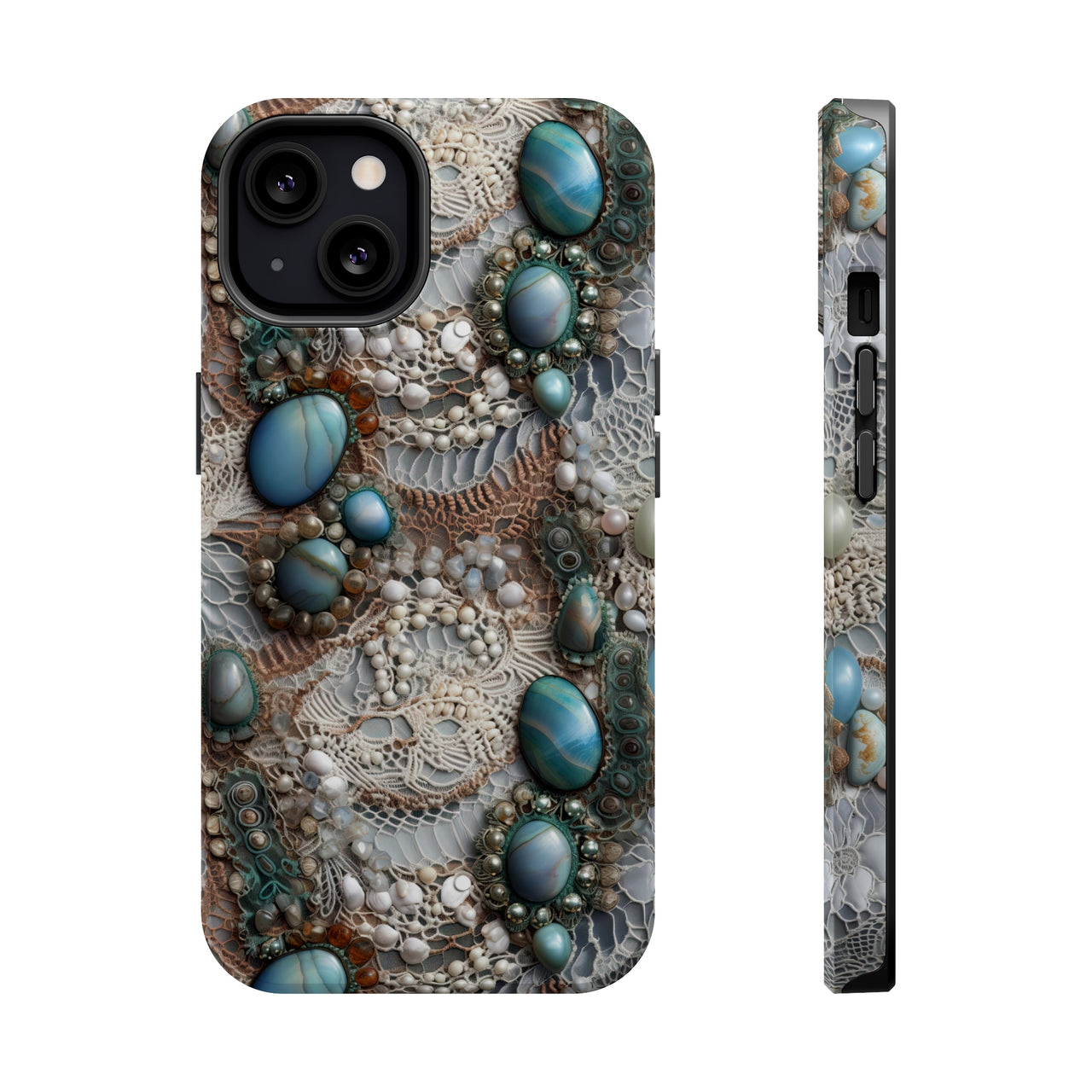 Boho Agate and Lace MagSafe Tough Cases for iPhone 13, iPhone 13 Mini, iPhone 13 Pro, and iPhone 13 Pro Max.