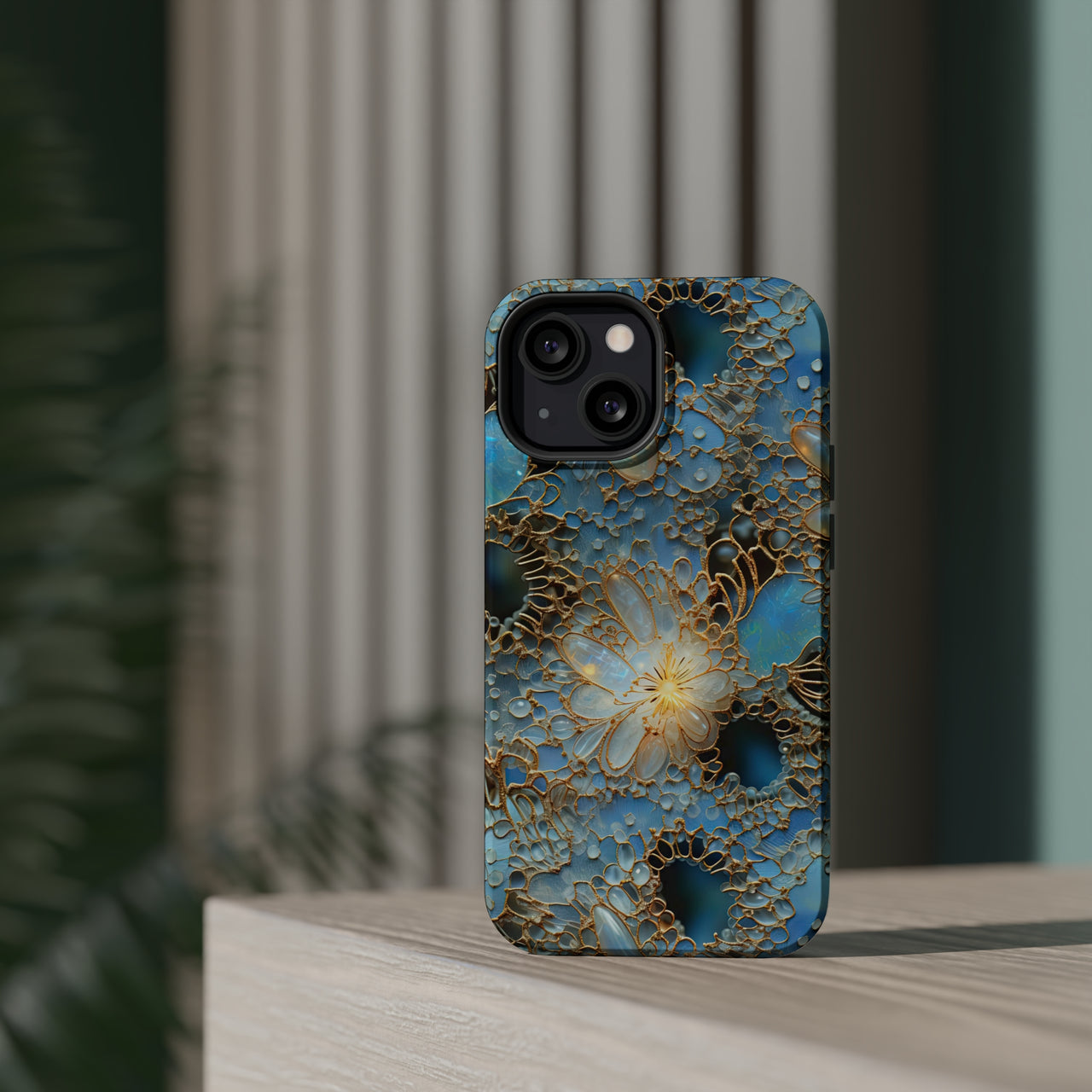 Gemstones and Gold Lace MagSafe Tough Cases for iPhone 13, iPhone 13 Mini, iPhone 13 Pro, and iPhone 13 Pro Max.