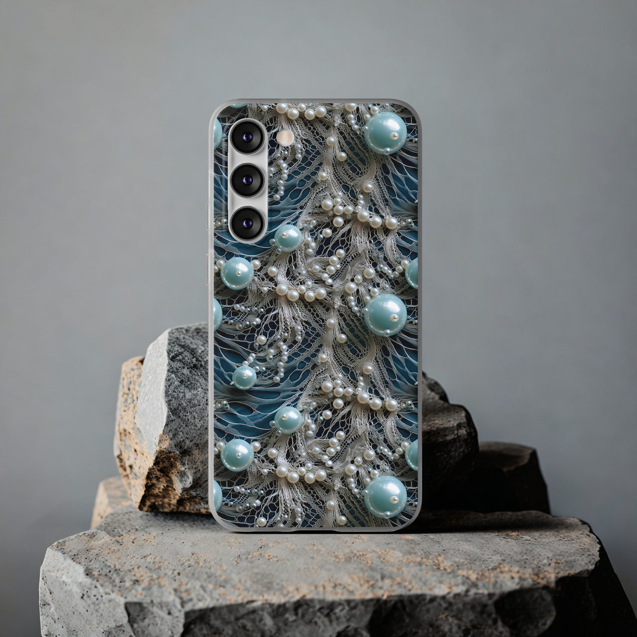 Sea Foam Lace and Pearls - Flexi Cases for Samsung Galaxy S23, Samsung Galaxy S23 Plus, and Samsung Galaxy S23 Ultra