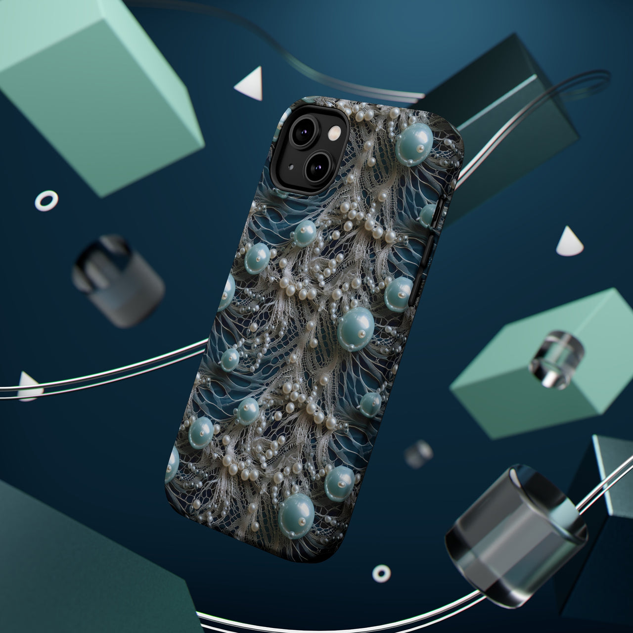 Sea Foam Lace and Pearls MagSafe Tough Cases for iPhone 14, iPhone 14 Pro, iPhone 14 Plus, and iPhone 14 Pro Max