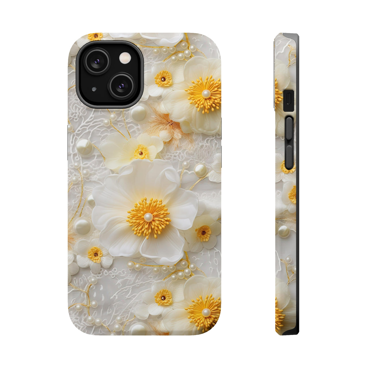 Yellow and White Floral MagSafe Tough Cases for iPhone 14, iPhone 14 Pro, iPhone 14 Plus, and iPhone 14 Pro Max