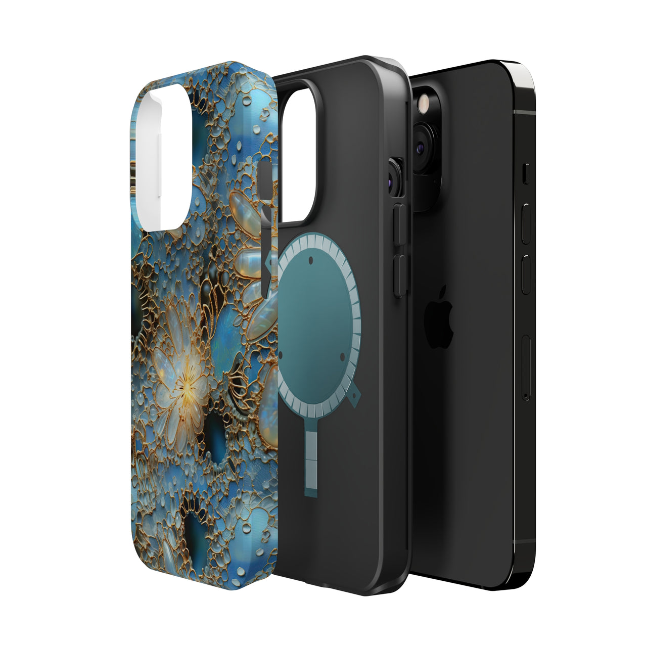 Gemstones and Gold Lace MagSafe Tough Cases for iPhone 13, iPhone 13 Mini, iPhone 13 Pro, and iPhone 13 Pro Max.