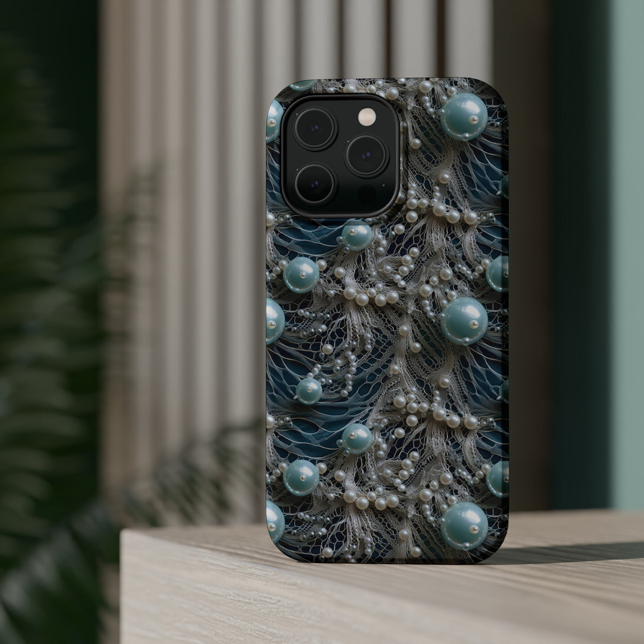 Sea Foam Lace and Pearls MagSafe Tough Cases for iPhone 14, iPhone 14 Pro, iPhone 14 Plus, and iPhone 14 Pro Max