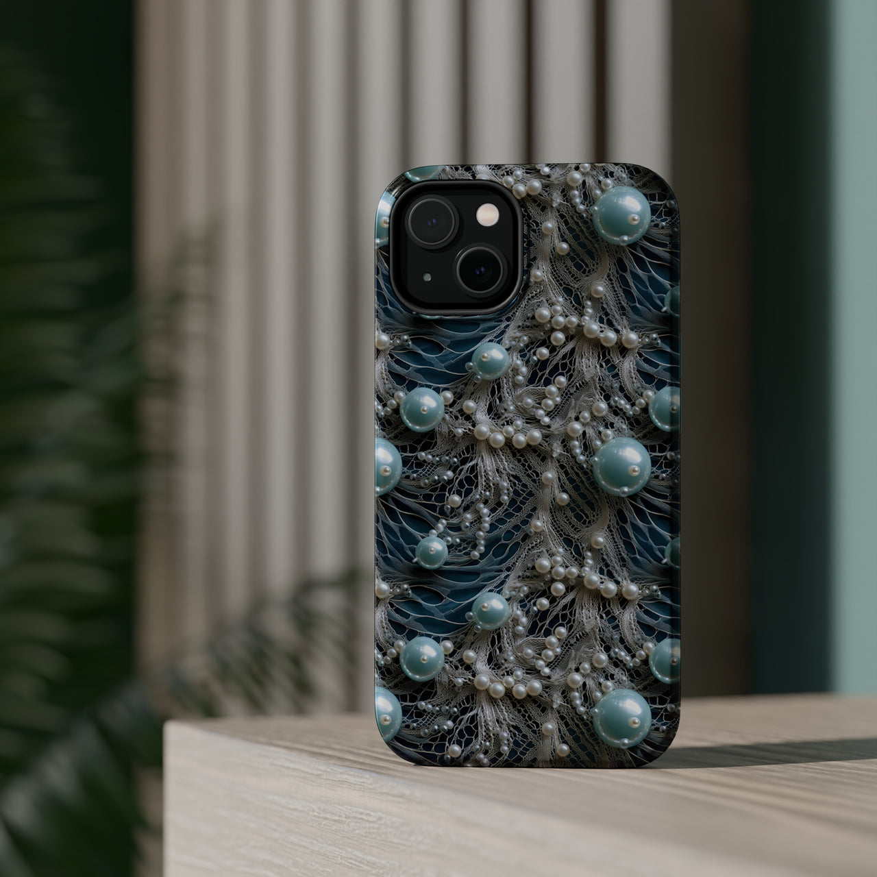 Sea Foam Lace and Pearls MagSafe Tough Cases for iPhone 14, iPhone 14 Pro, iPhone 14 Plus, and iPhone 14 Pro Max