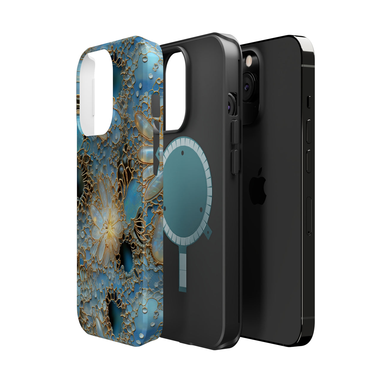 Gemstones and Gold Lace MagSafe Tough Cases for iPhone 13, iPhone 13 Mini, iPhone 13 Pro, and iPhone 13 Pro Max.