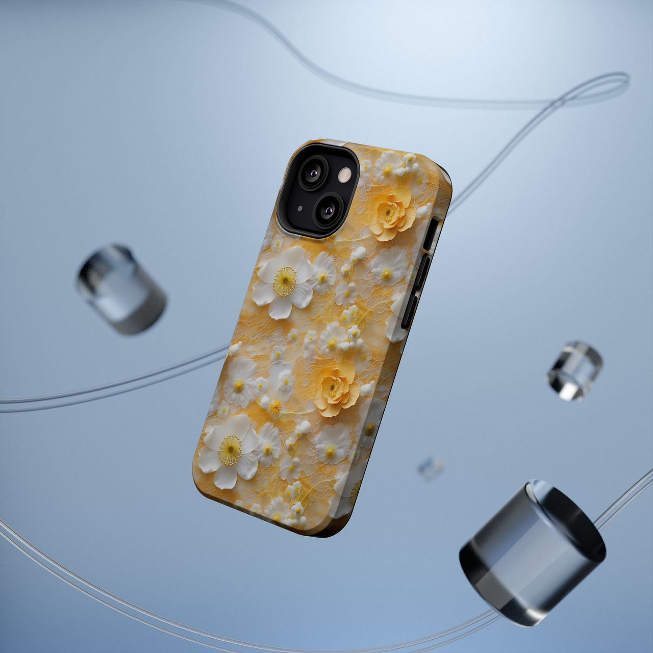 Yellow Floral MagSafe Tough Cases for iPhone 13, iPhone 13 Mini, iPhone 13 Pro, and iPhone 13 Pro Max.
