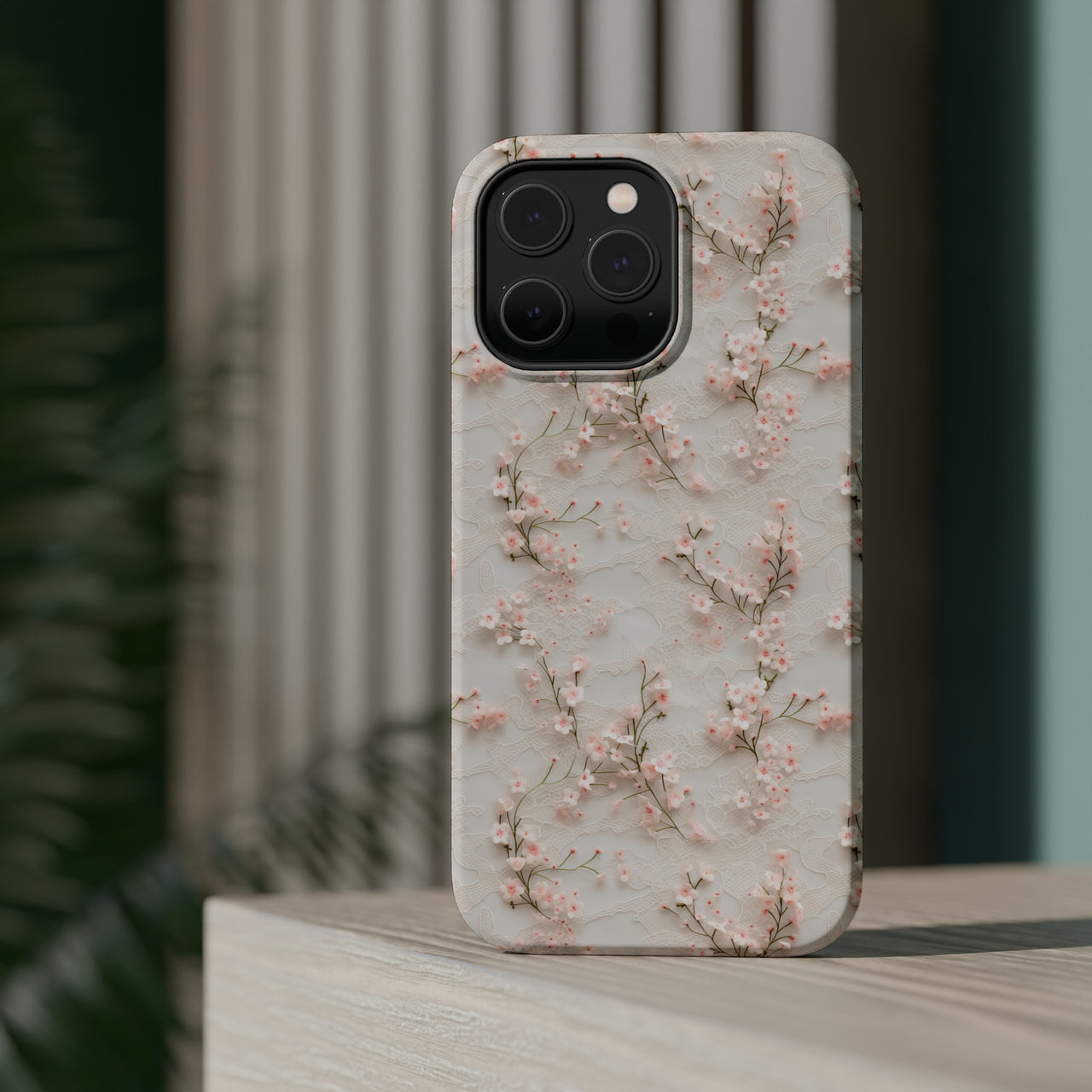 White Lace and Cherry Blossoms MagSafe Tough Cases for iPhone 14, iPhone 14 Pro, iPhone 14 Plus, and iPhone 14 Pro Max
