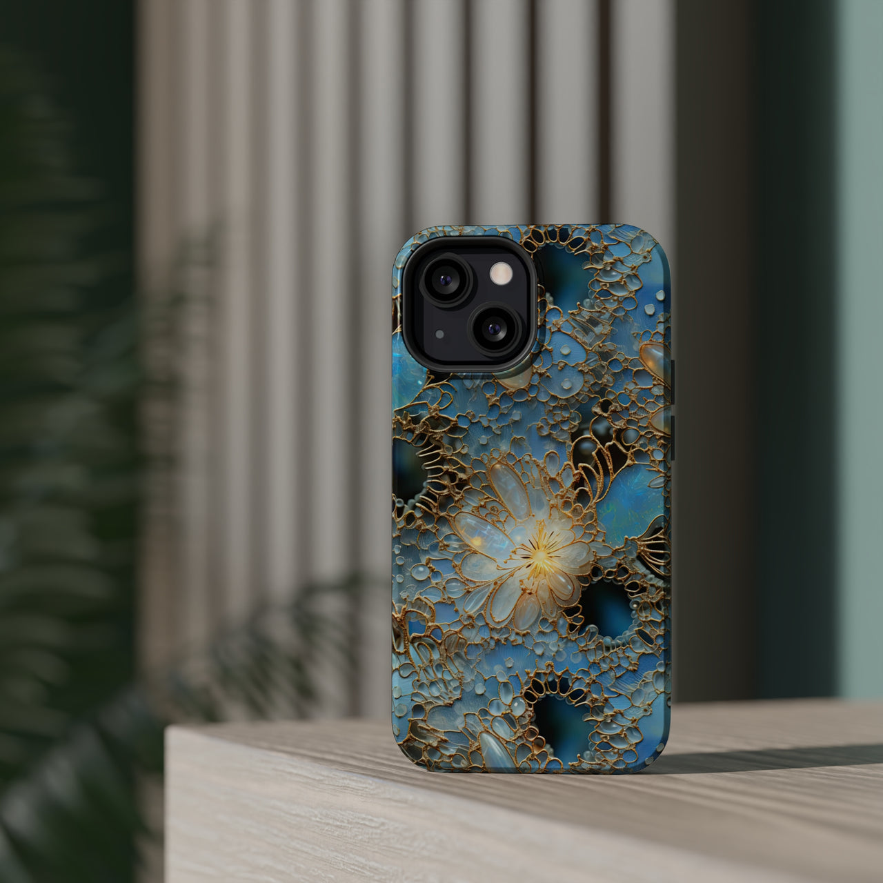 Gemstones and Gold Lace MagSafe Tough Cases for iPhone 13, iPhone 13 Mini, iPhone 13 Pro, and iPhone 13 Pro Max.
