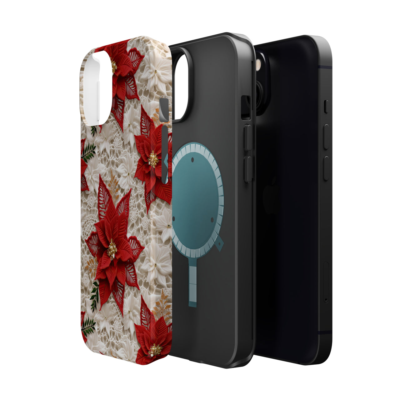 Christmas Poinsettia MagSafe Tough Cases for iPhone 13, iPhone 13 Mini, iPhone 13 Pro, and iPhone 13 Pro Max.