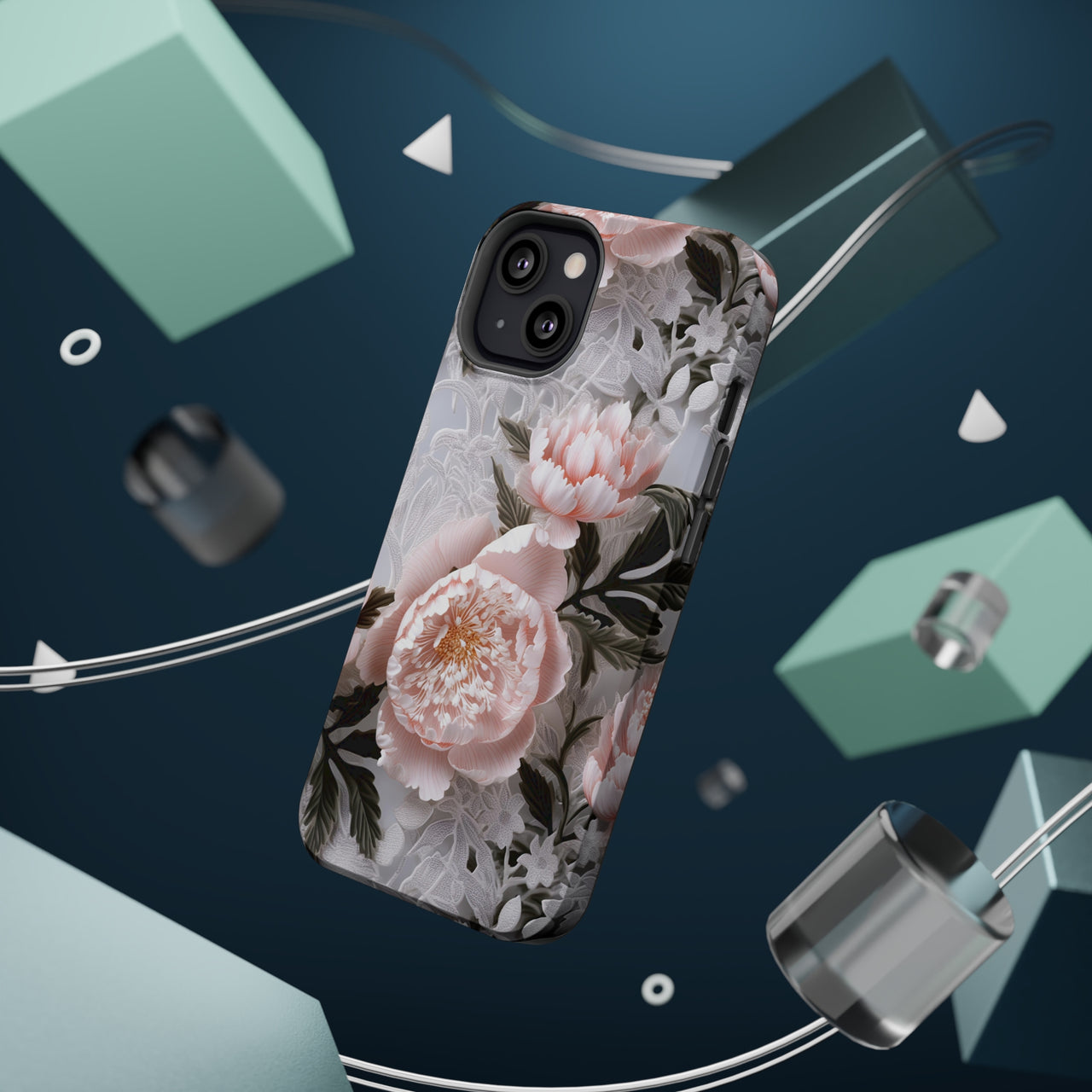Pink Peony MagSafe Tough Cases for iPhone 13, iPhone 13 Mini, iPhone 13 Pro, and iPhone 13 Pro Max.