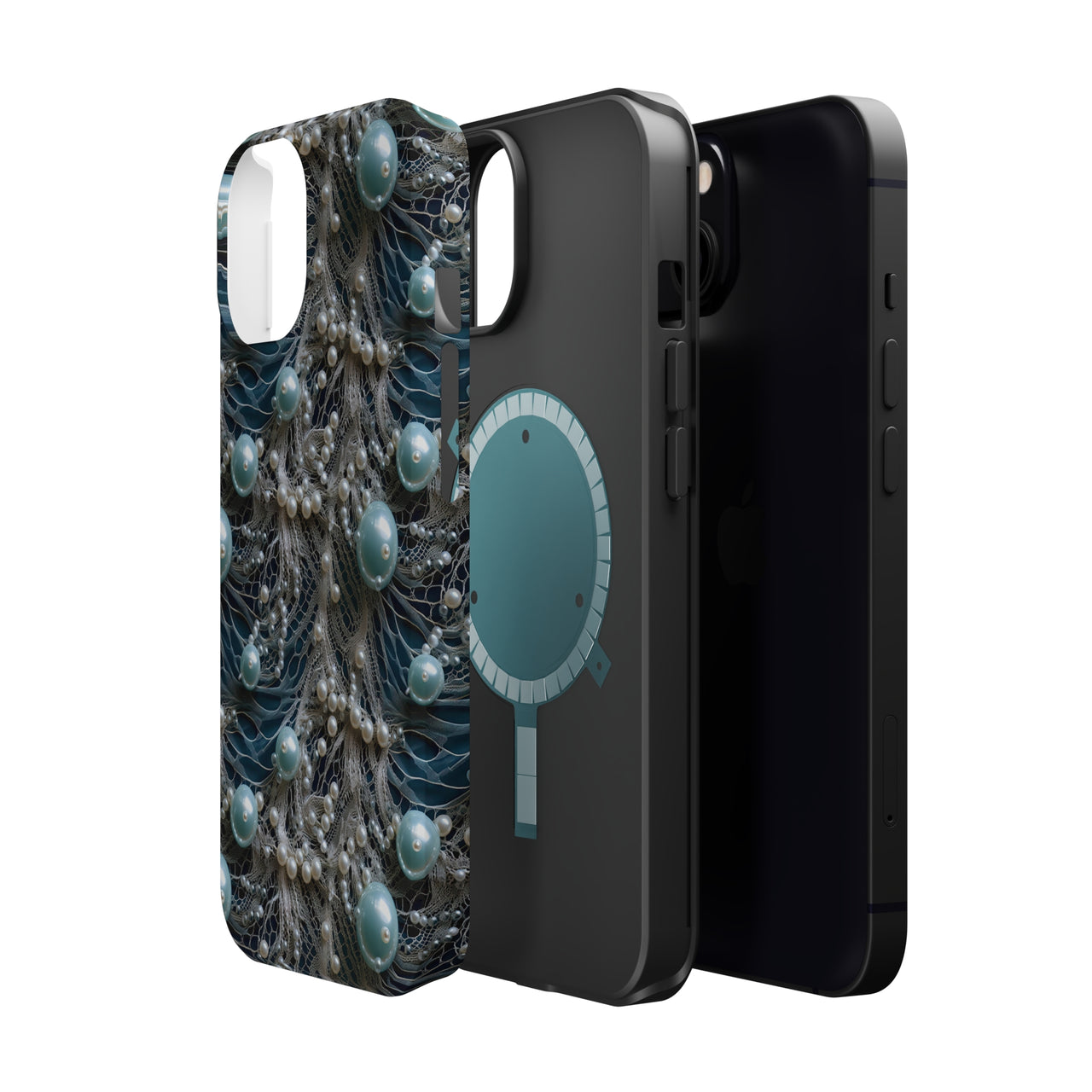 Sea Foam Lace and Pearls MagSafe Tough Cases for iPhone 13, iPhone 13 Mini, iPhone 13 Pro, and iPhone 13 Pro Max.