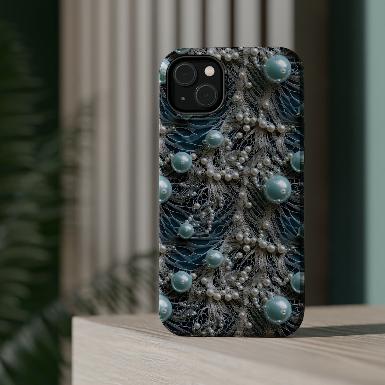 Sea Foam Lace and Pearls MagSafe Tough Cases for iPhone 14, iPhone 14 Pro, iPhone 14 Plus, and iPhone 14 Pro Max