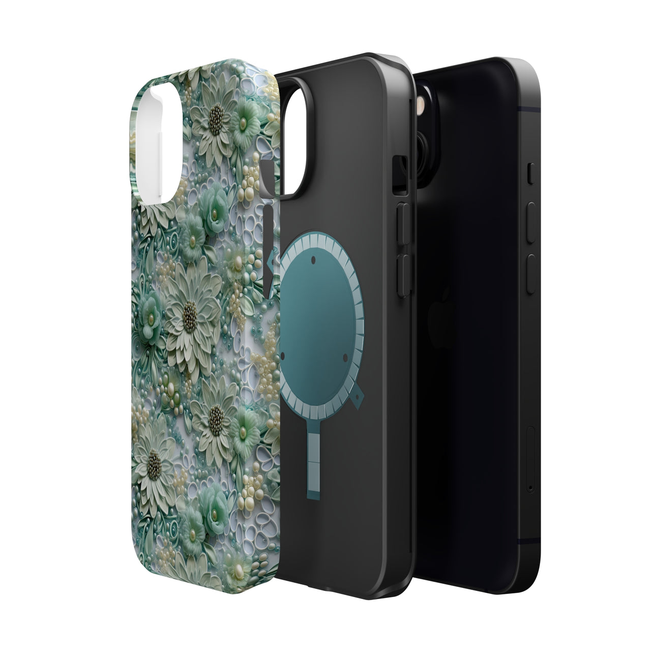 Teal Petals - MagSafe Tough Cases for iPhone 13, iPhone 13 Mini, iPhone 13 Pro, and iPhone 13 Pro Max.