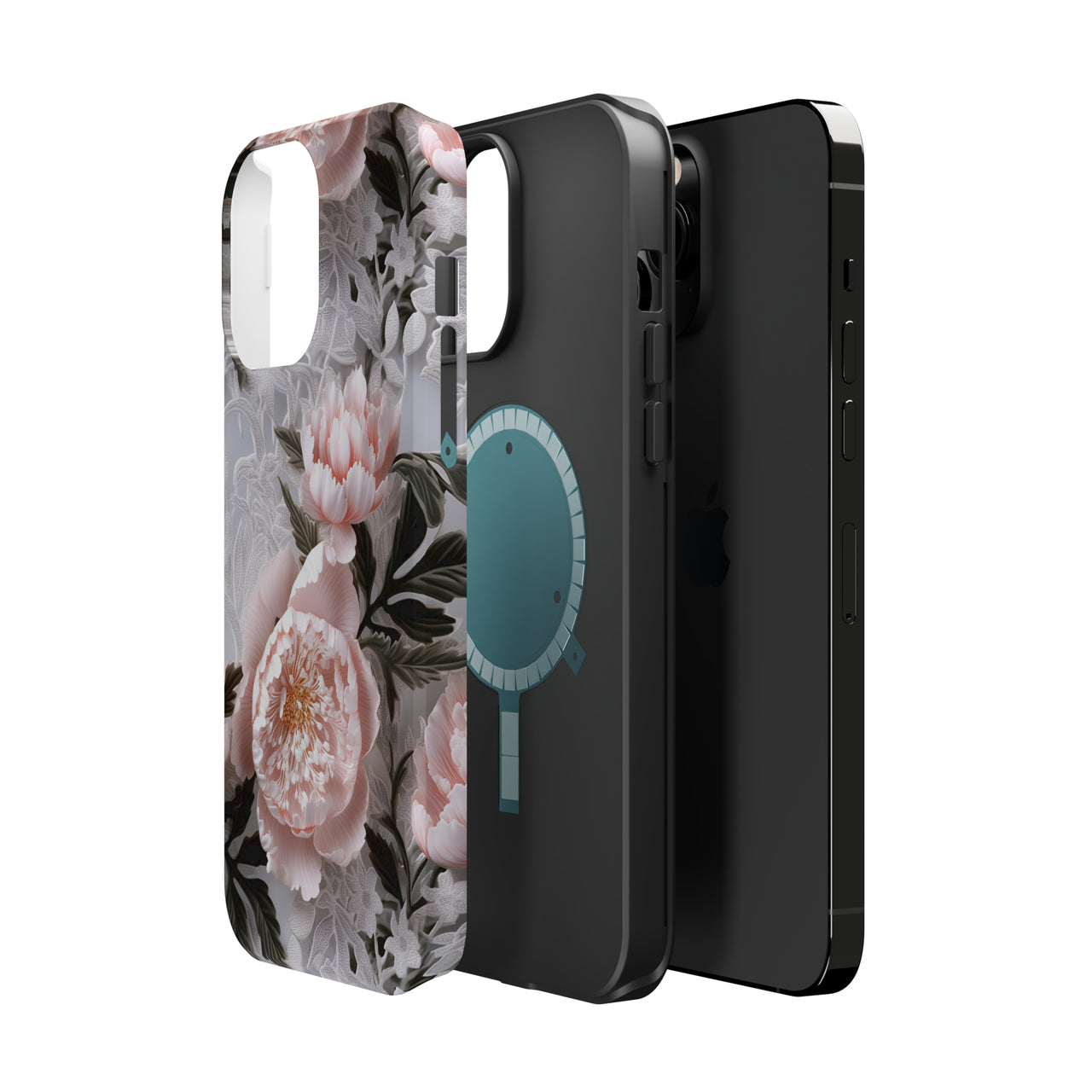 Pink Peony MagSafe Tough Cases for iPhone 13, iPhone 13 Mini, iPhone 13 Pro, and iPhone 13 Pro Max.