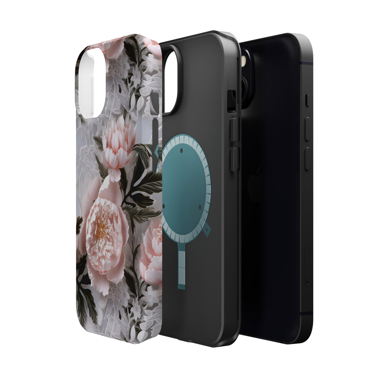 Pink Peony MagSafe Tough Cases for iPhone 13, iPhone 13 Mini, iPhone 13 Pro, and iPhone 13 Pro Max.