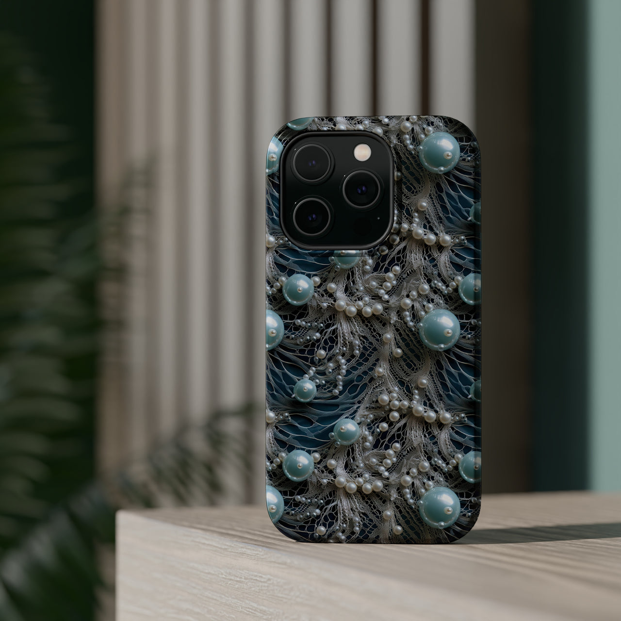 Sea Foam Lace and Pearls MagSafe Tough Cases for iPhone 14, iPhone 14 Pro, iPhone 14 Plus, and iPhone 14 Pro Max
