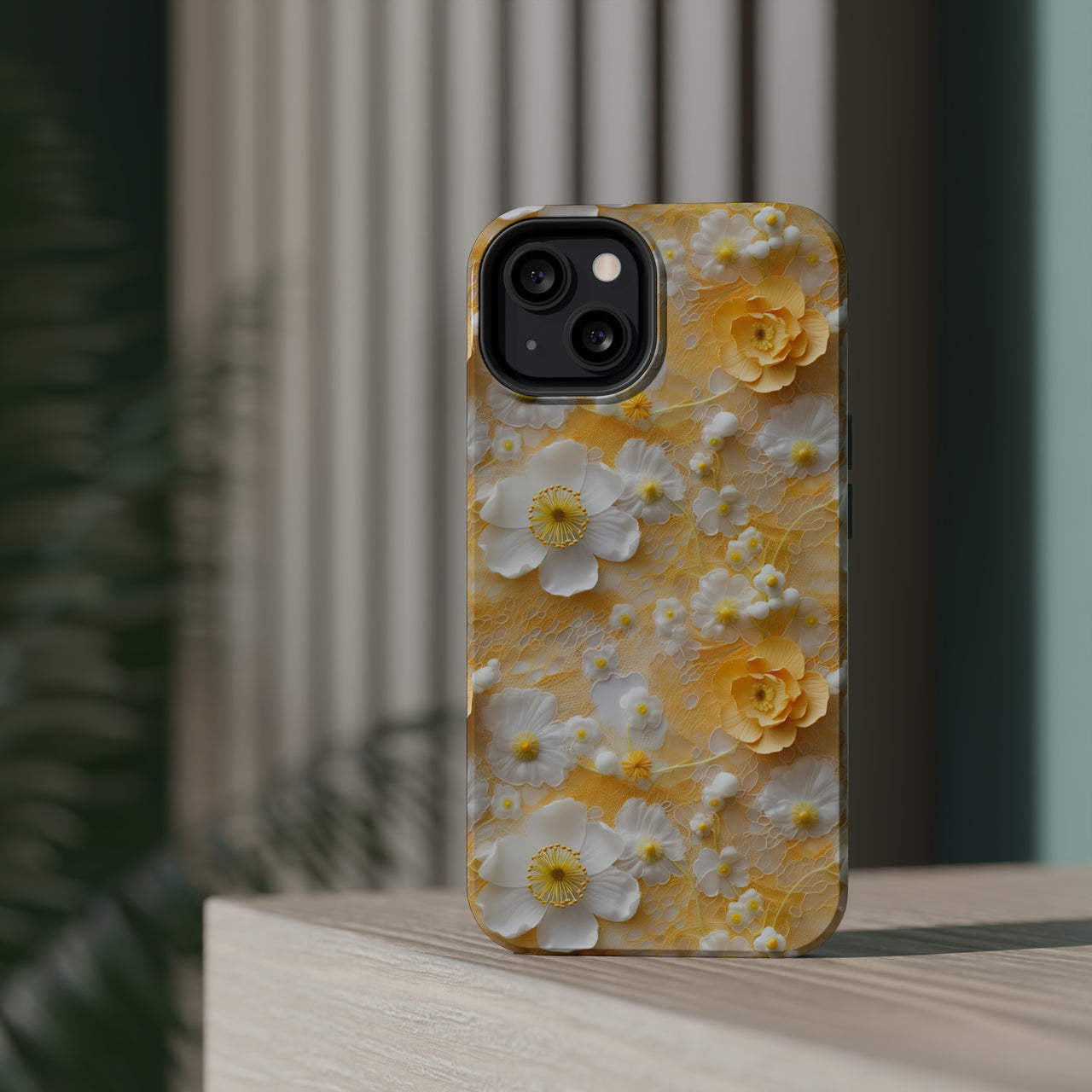 Yellow Floral MagSafe Tough Cases for iPhone 13, iPhone 13 Mini, iPhone 13 Pro, and iPhone 13 Pro Max.