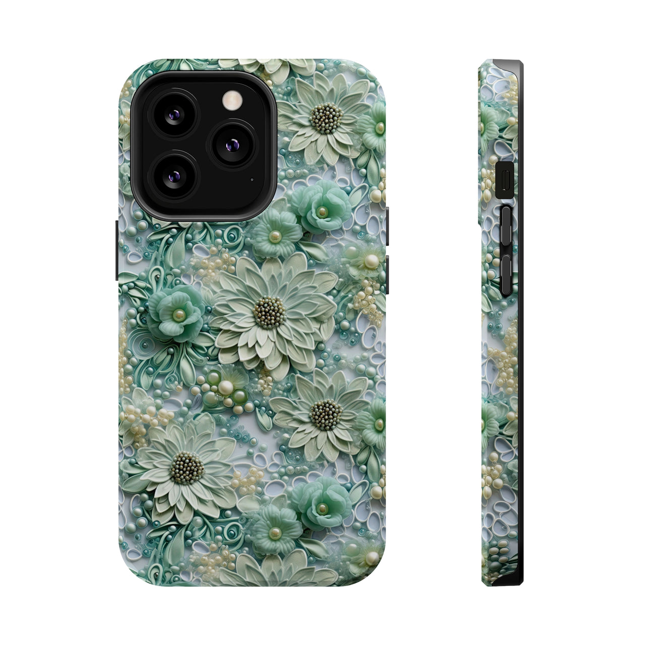 Teal Petals - MagSafe Tough Cases for iPhone 13, iPhone 13 Mini, iPhone 13 Pro, and iPhone 13 Pro Max.