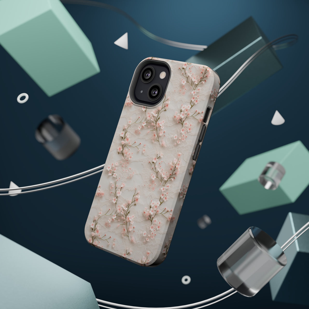 White Lace and Cherry Blossoms MagSafe Tough Cases for iPhone 13, iPhone 13 Mini, iPhone 13 Pro, and iPhone 13 Pro Max.