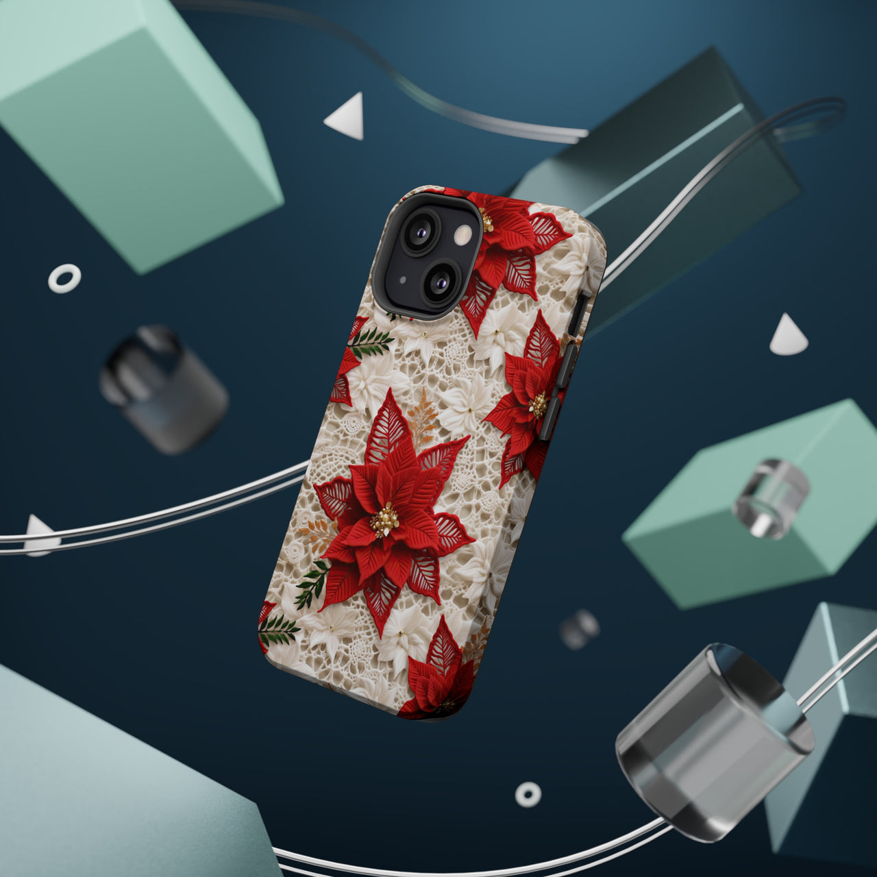Christmas Poinsettia MagSafe Tough Cases for iPhone 13, iPhone 13 Mini, iPhone 13 Pro, and iPhone 13 Pro Max.
