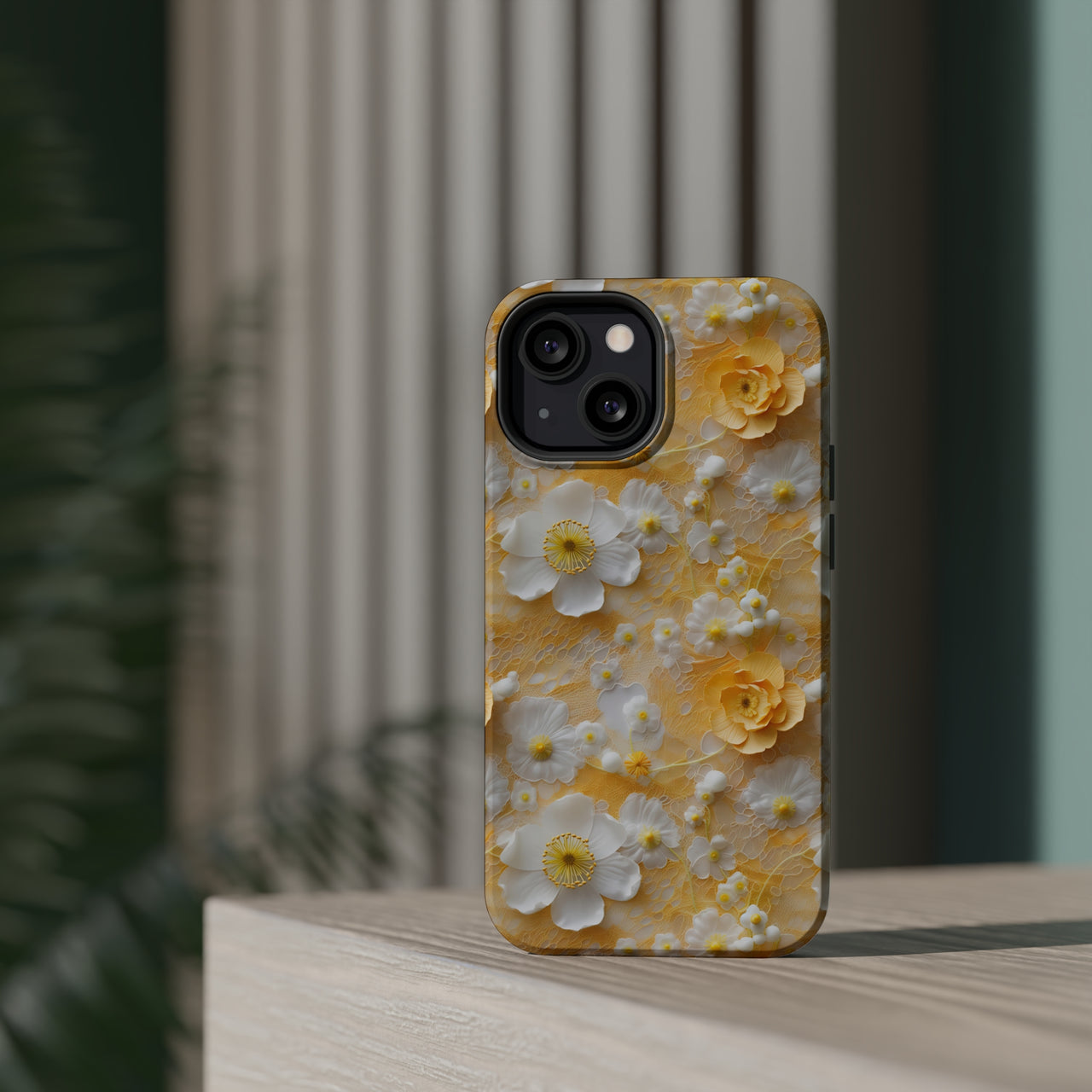 Yellow Floral MagSafe Tough Cases for iPhone 13, iPhone 13 Mini, iPhone 13 Pro, and iPhone 13 Pro Max.