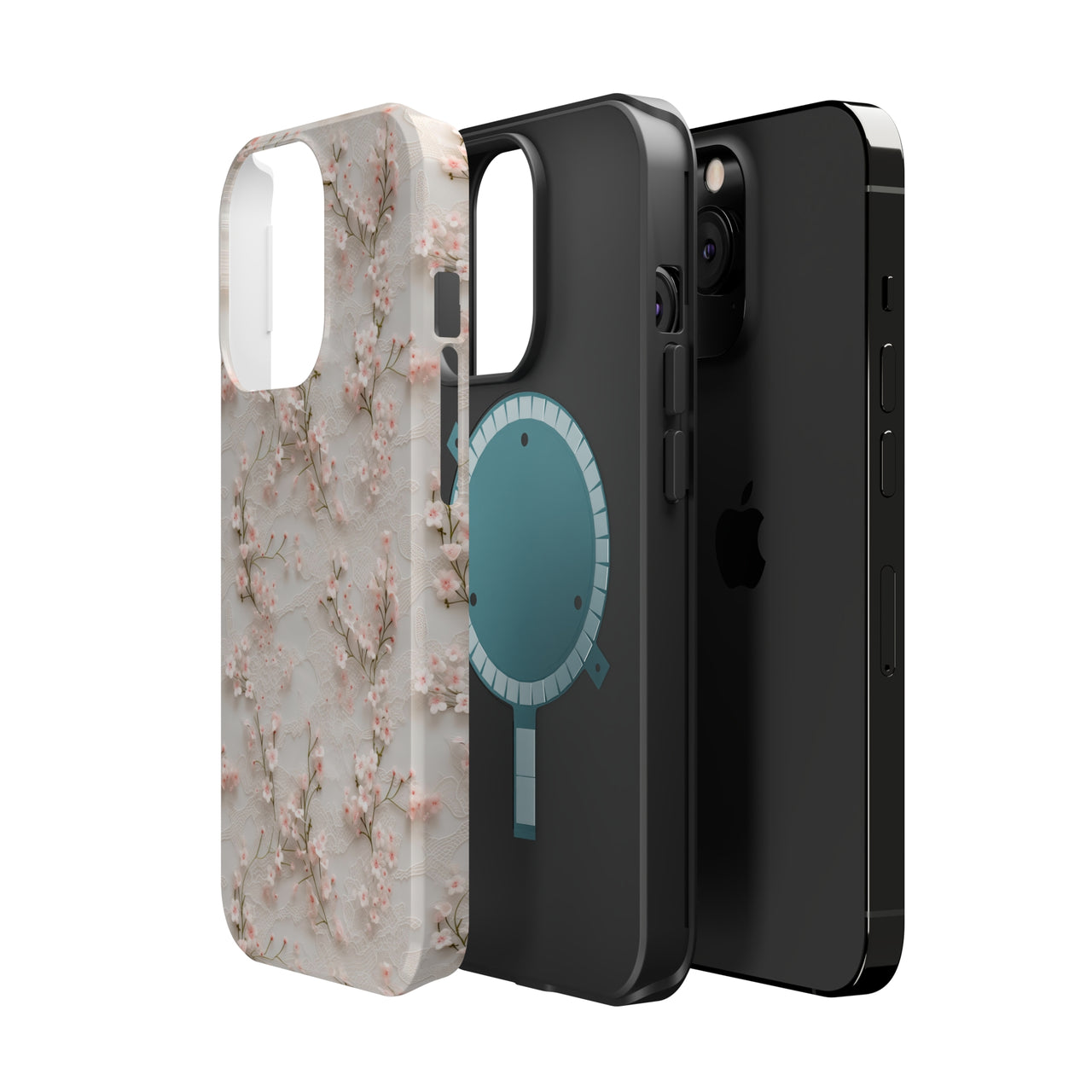 White Lace and Cherry Blossoms MagSafe Tough Cases for iPhone 13, iPhone 13 Mini, iPhone 13 Pro, and iPhone 13 Pro Max.