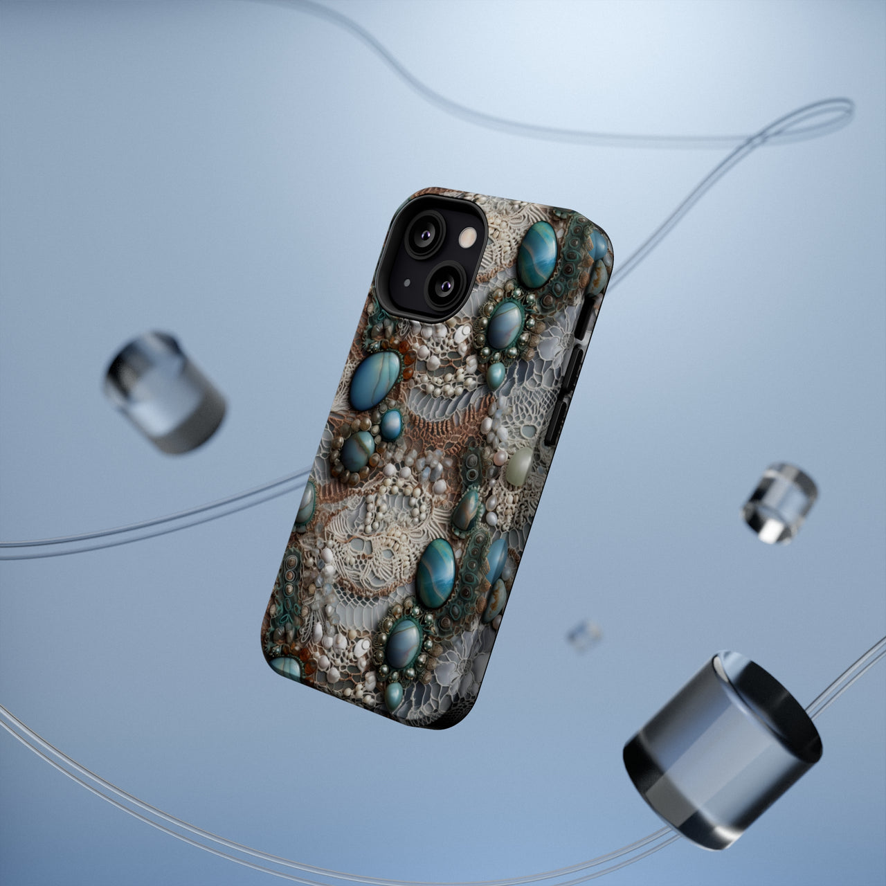 Boho Agate and Lace MagSafe Tough Cases for iPhone 13, iPhone 13 Mini, iPhone 13 Pro, and iPhone 13 Pro Max.