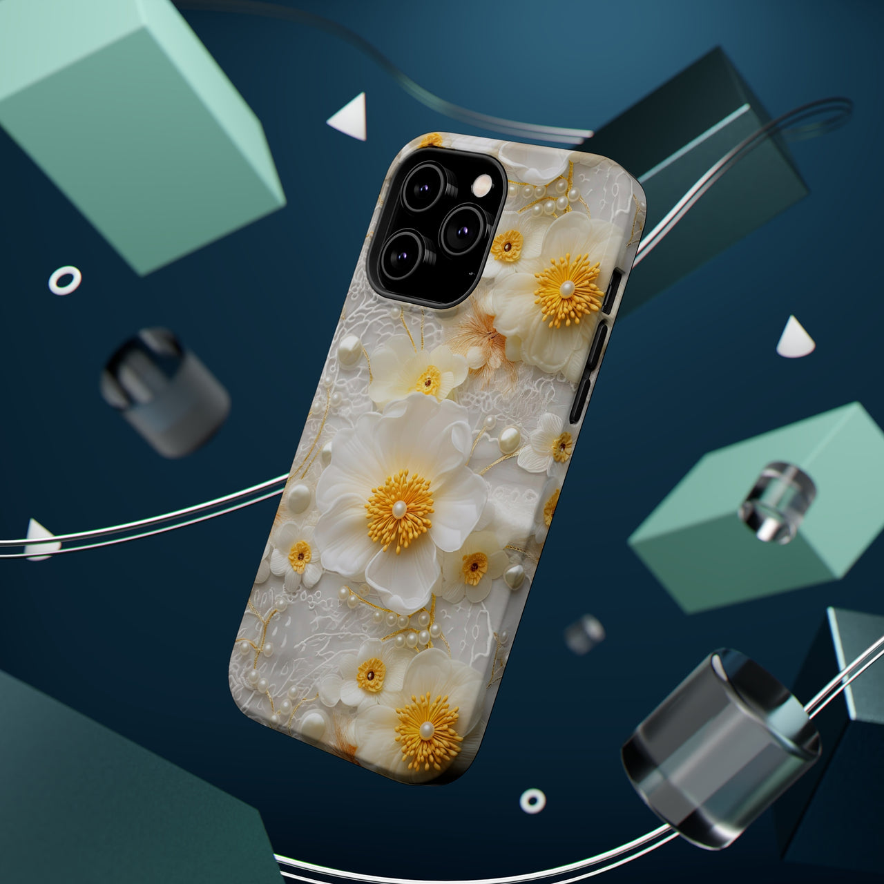 Yellow and White Floral MagSafe Tough Cases for iPhone 14, iPhone 14 Pro, iPhone 14 Plus, and iPhone 14 Pro Max