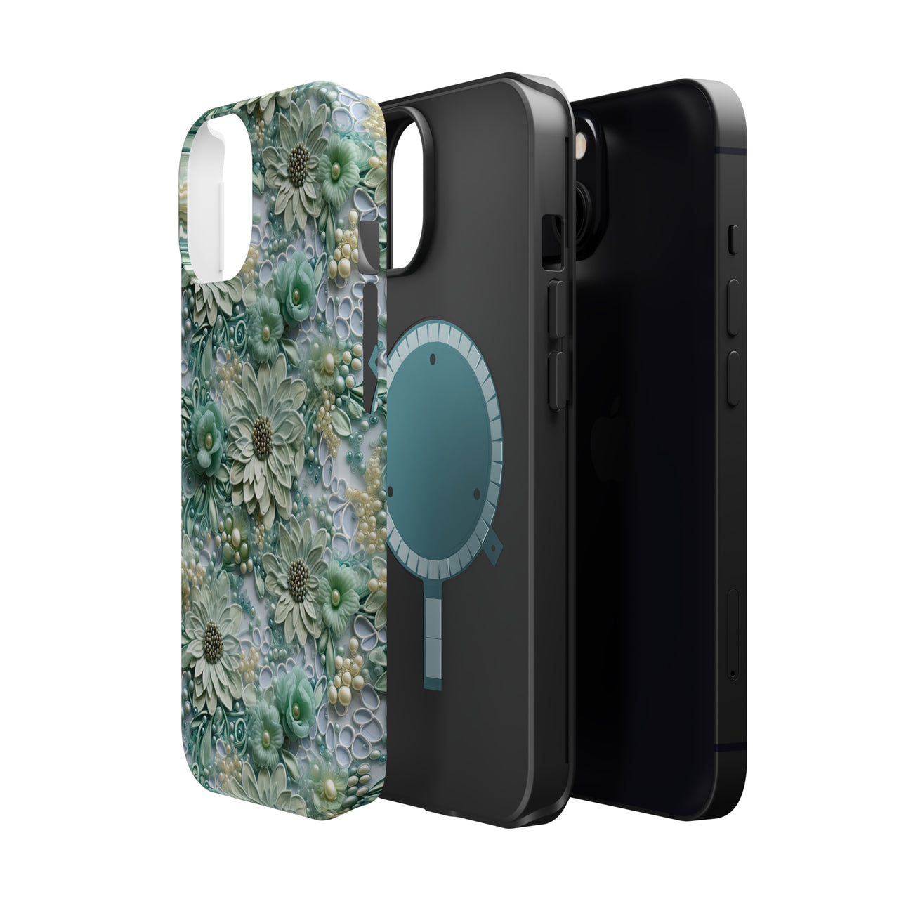 Teal Petals - MagSafe Tough Cases for iPhone 13, iPhone 13 Mini, iPhone 13 Pro, and iPhone 13 Pro Max.
