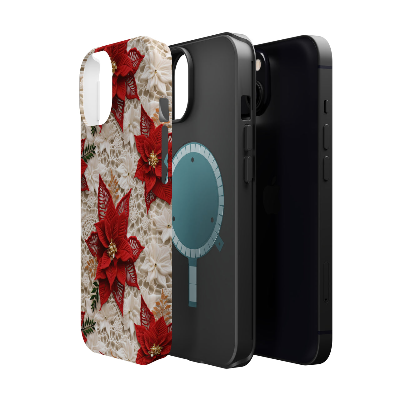 Christmas Poinsettia MagSafe Tough Cases for iPhone 13, iPhone 13 Mini, iPhone 13 Pro, and iPhone 13 Pro Max.