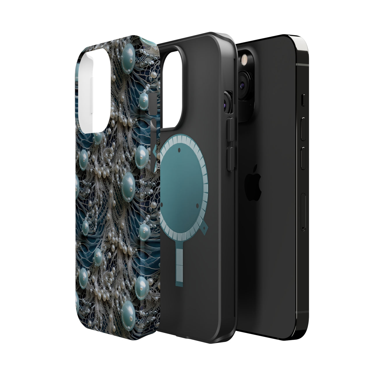 Sea Foam Lace and Pearls MagSafe Tough Cases for iPhone 13, iPhone 13 Mini, iPhone 13 Pro, and iPhone 13 Pro Max.