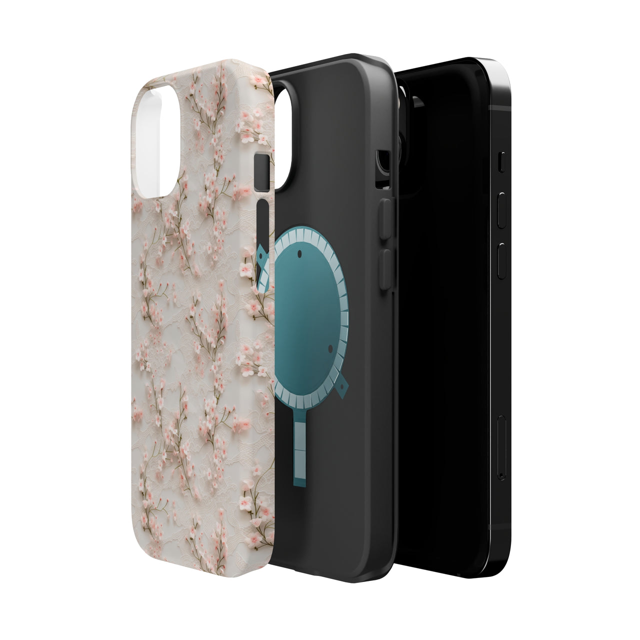 White Lace and Cherry Blossoms MagSafe Tough Cases for iPhone 14, iPhone 14 Pro, iPhone 14 Plus, and iPhone 14 Pro Max
