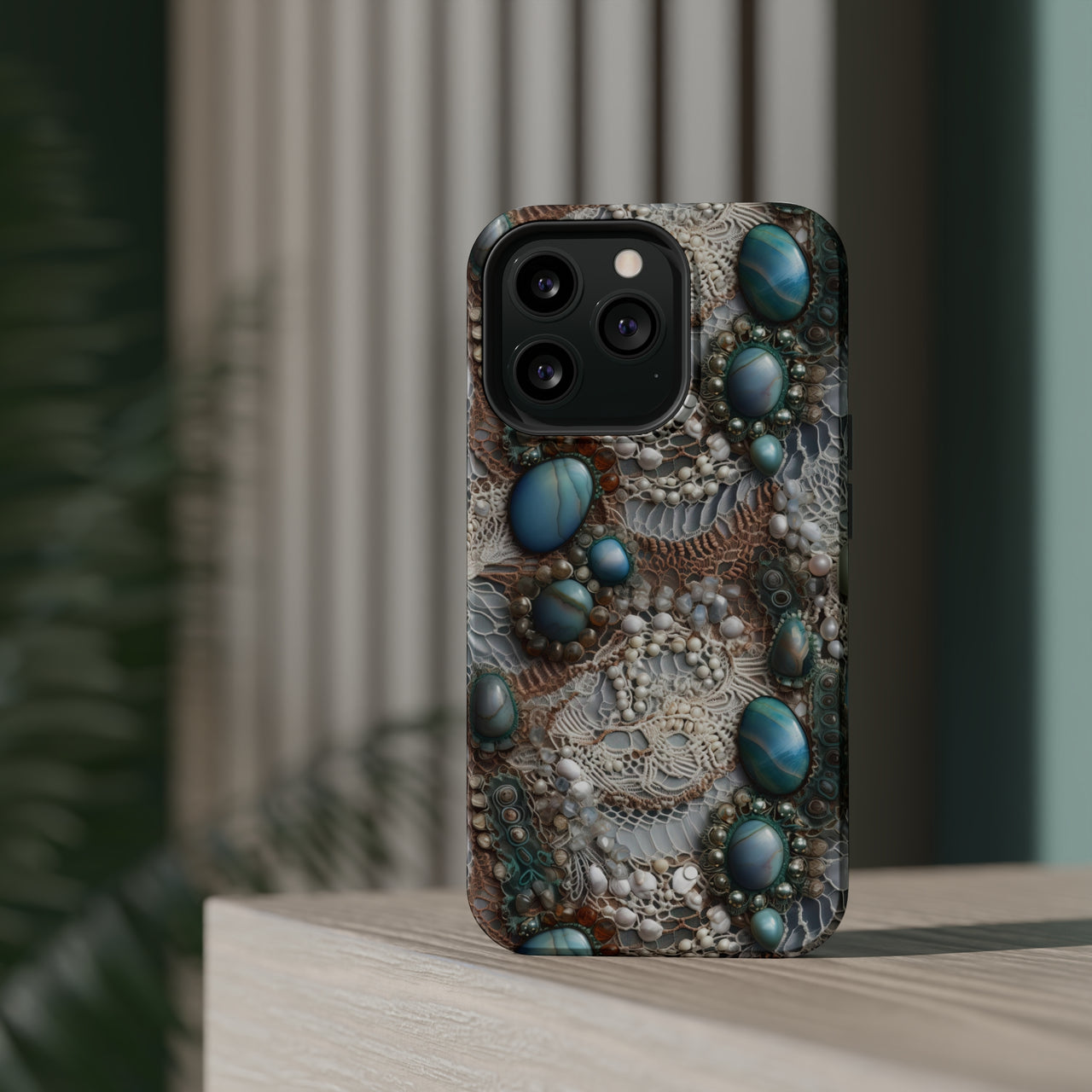Boho Agate and Lace MagSafe Tough Cases for iPhone 13, iPhone 13 Mini, iPhone 13 Pro, and iPhone 13 Pro Max.