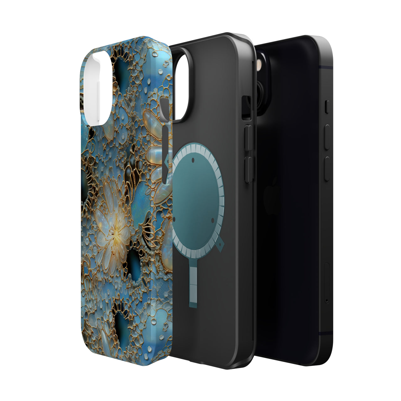 Gemstones and Gold Lace MagSafe Tough Cases for iPhone 13, iPhone 13 Mini, iPhone 13 Pro, and iPhone 13 Pro Max.