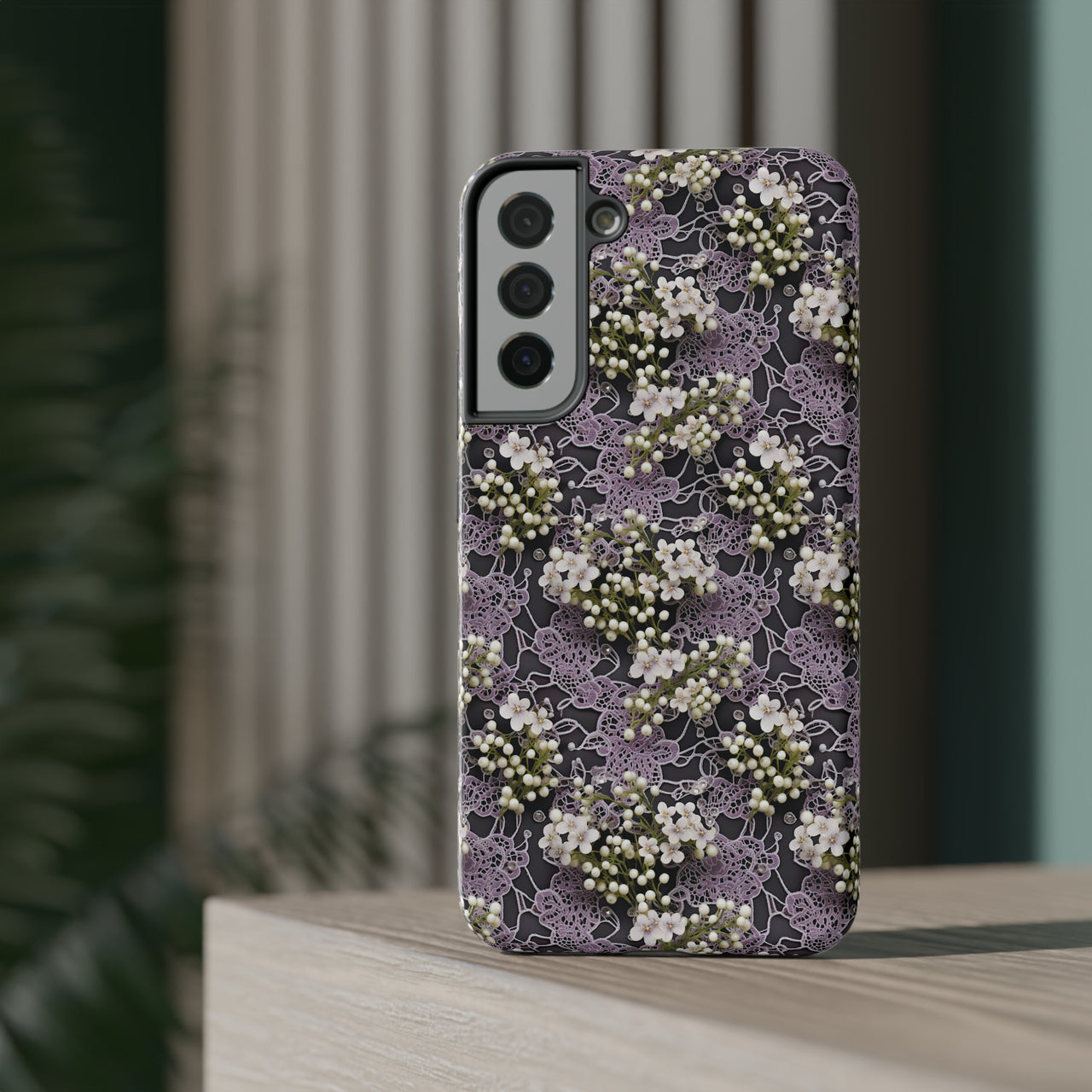 White Flowers on a Purple Bed - Impact-Resistant Case for Samsung Galaxy S22, Samsung Galaxy S22 Plus, and Samsung Galaxy S22 Ultra. Supports Wireless Charging.