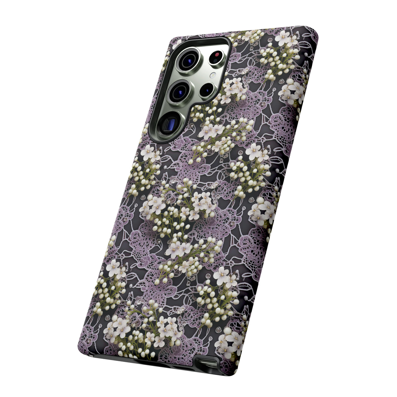 White Flowers on a Purple Bed - Tough Case for Samsung Galaxy S23, Samsung Galaxy S23 Plus, and Samsung Galaxy S23 Ultra