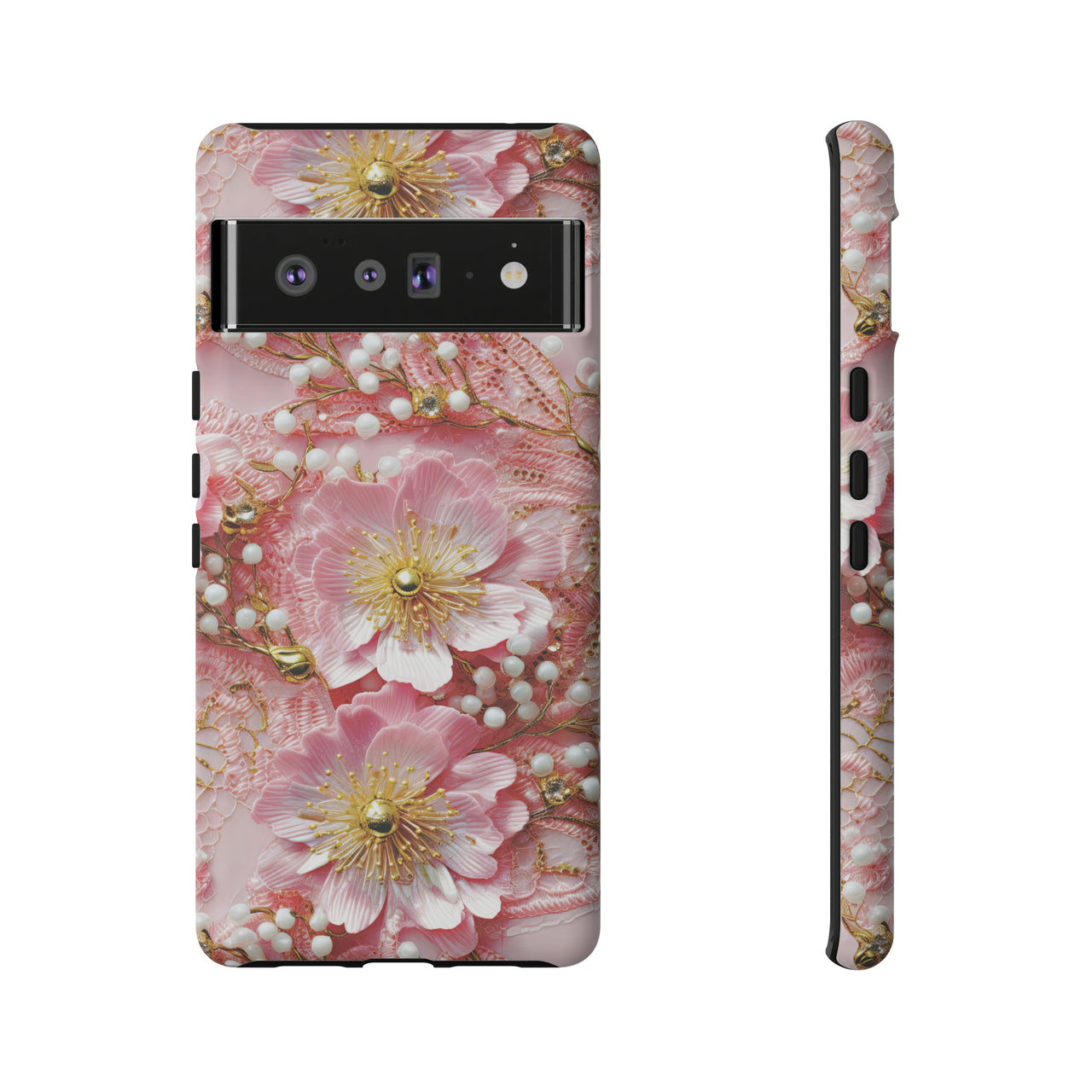 Gold-Kissed Flowers on Pink Lace - Tough Case for Google Pixel 6 and Google Pixel 6 Pro