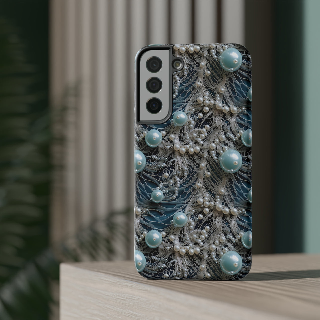 Sea Foam Lace and Pearls Impact-Resistant Cases for Samsung Galaxy S22, Samsung Galaxy S22 Plus, and Samsung Galaxy S22 Ultra. Supports Wireless Charging.