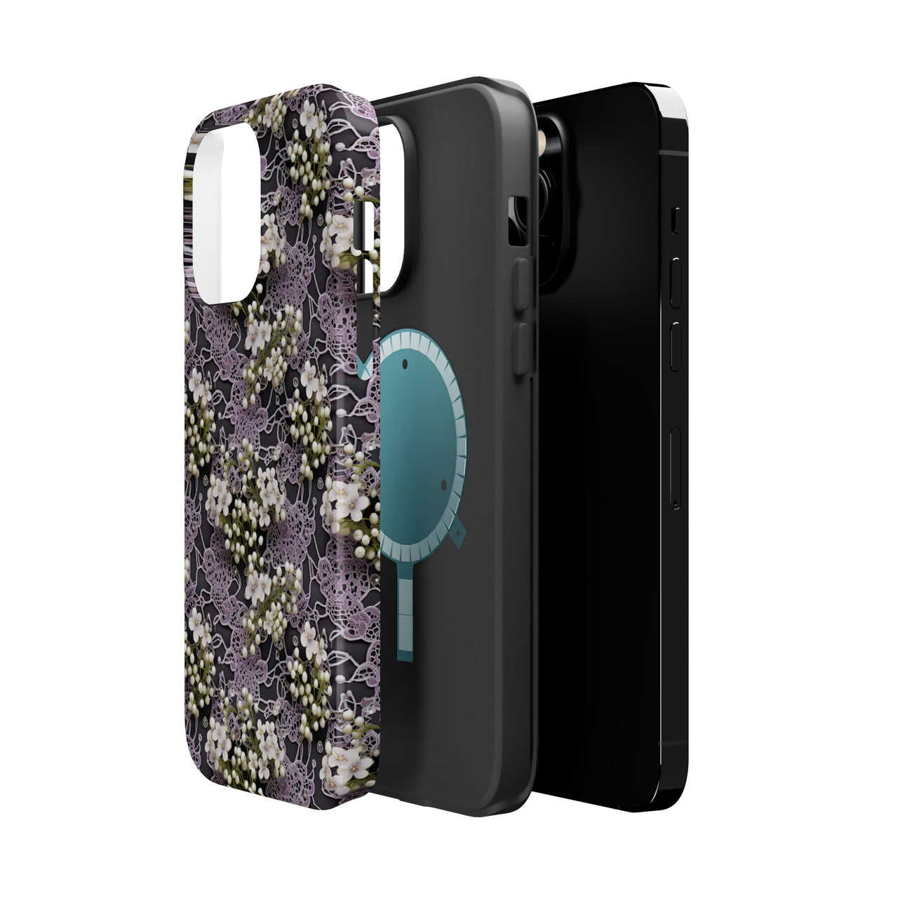 White Flowers on a Purple Bed - MagSafe Tough Cases for iPhone 14, iPhone 14 Pro, iPhone 14 Plus, and iPhone 14 Pro Max