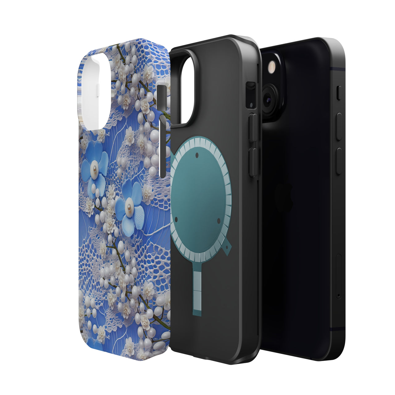 Pearls and Lace on Baby Blue - MagSafe Tough Cases for iPhone 13, iPhone 13 Mini, iPhone 13 Pro, and iPhone 13 Pro Max.