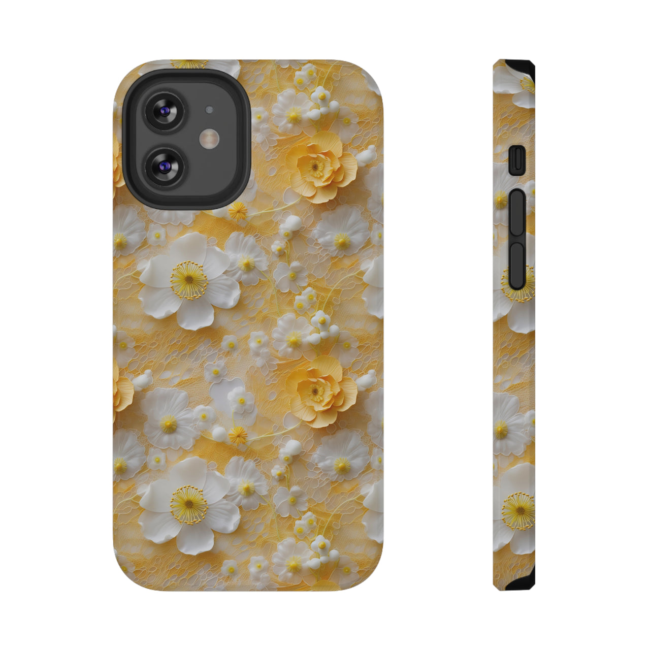 Yellow Floral Impact-Resistant Case for iPhone 12, iPhone 12 Mini, iPhone 12 Pro, and iPhone 12 Pro Max. Supports Wireless Charging.