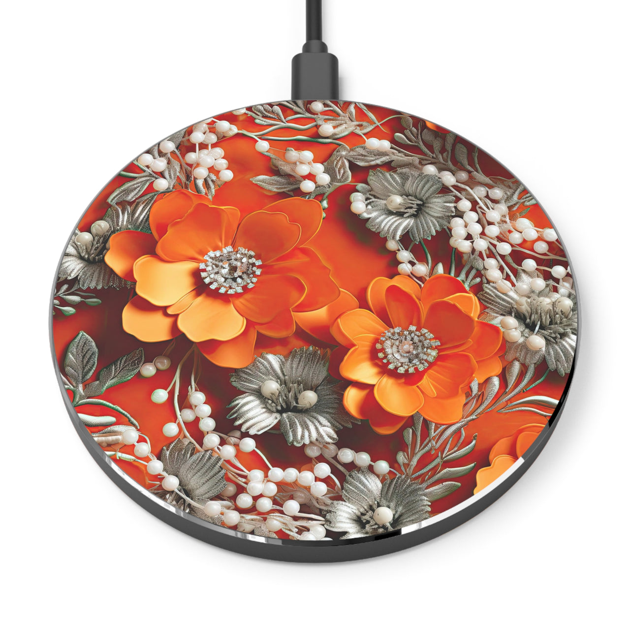 Orange Petals in Silver Tapestry Wireless Charger for Qi Enabled Phones