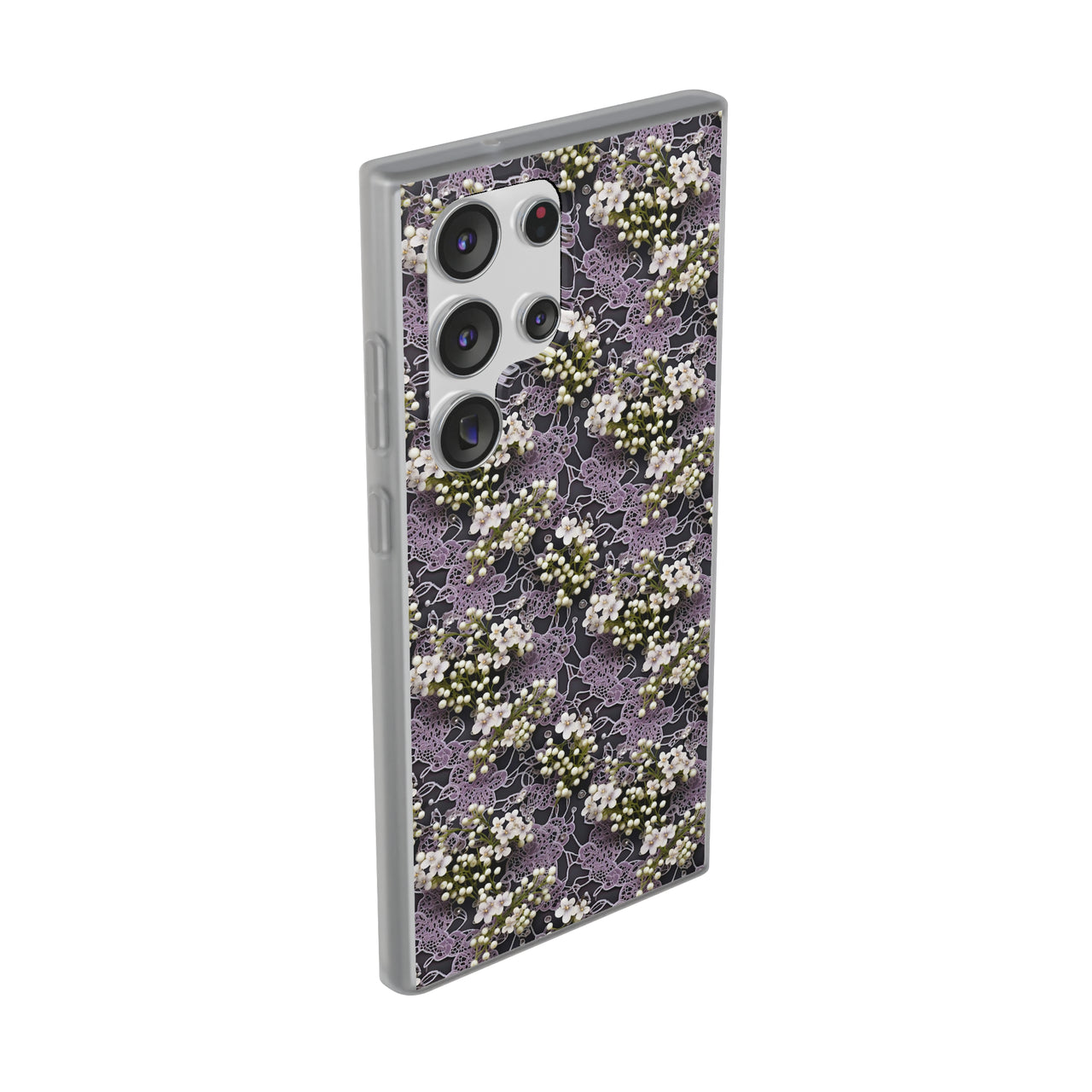 White Flowers on a Purple Bed - Flexi Cases for Samsung Galaxy S23, Samsung Galaxy S23 Plus, and Samsung Galaxy S23 Ultra