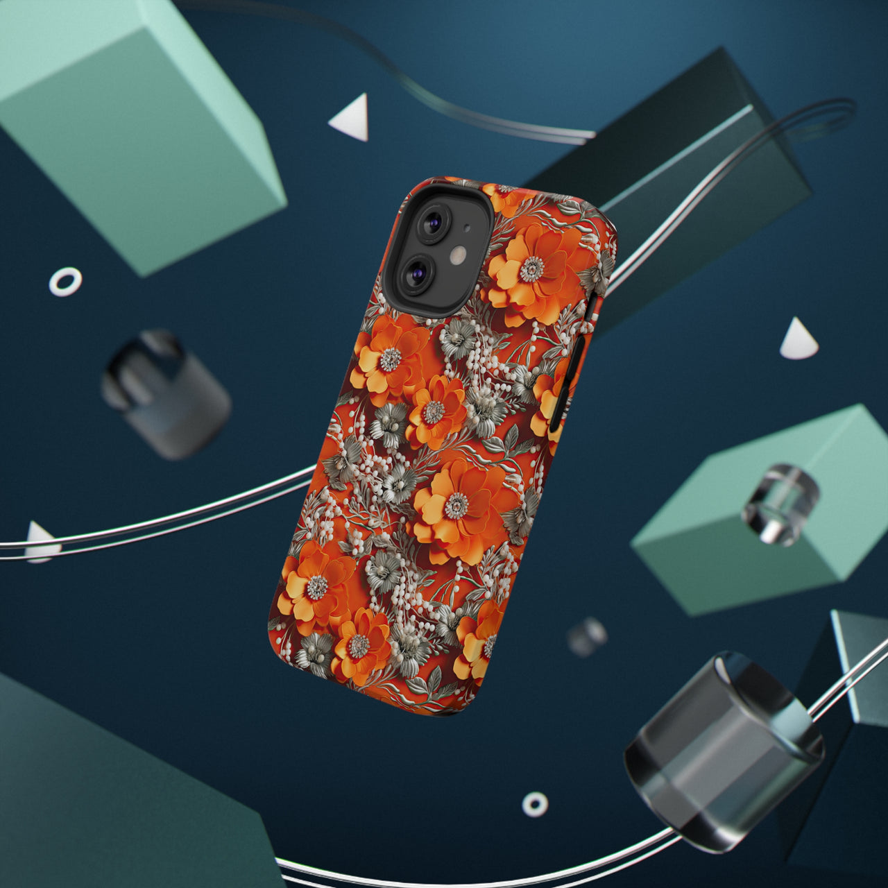 Orange Petals in Silver Tapestry Impact-Resistant Case for iPhone 12, iPhone 12 Mini, iPhone 12 Pro, and iPhone 12 Pro Max. Supports Wireless Charging.