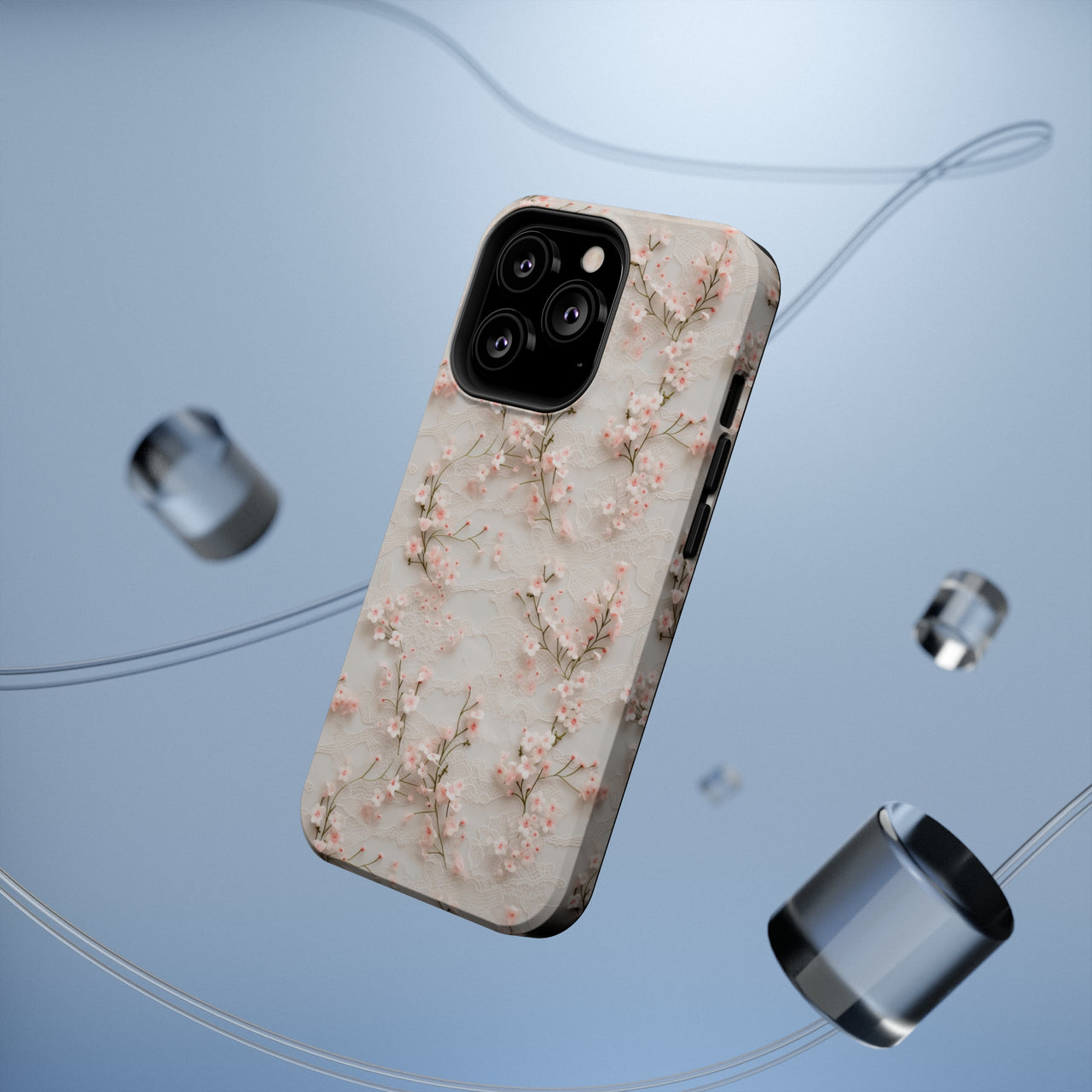 White Lace and Cherry Blossoms MagSafe Tough Cases for iPhone 13, iPhone 13 Mini, iPhone 13 Pro, and iPhone 13 Pro Max.