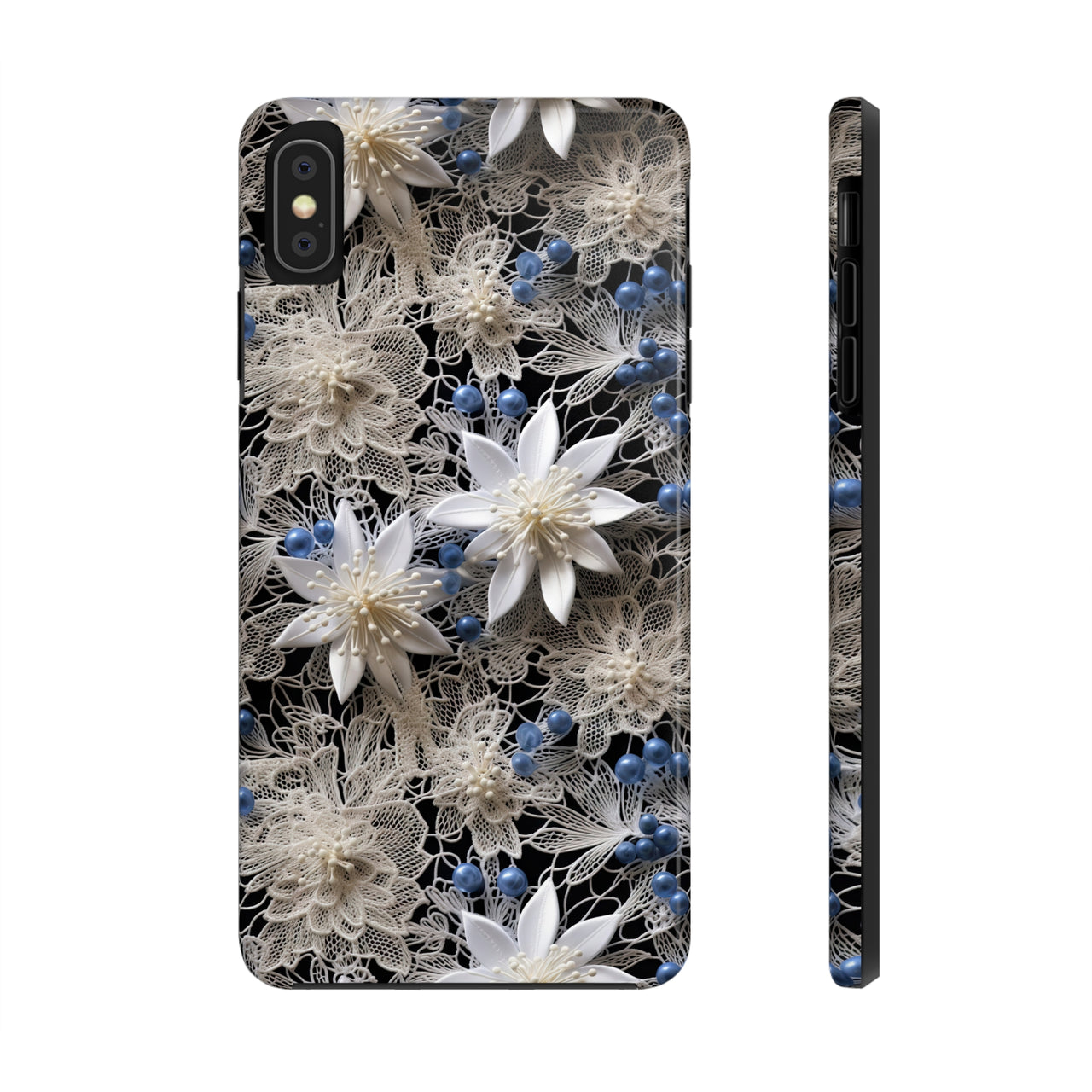 Vintage Lace and Clematis Tough Phone Cases for iPhone X, iPhone XR, iPhone XS, and iPhone XS MAX. Supports Wireless Charging.