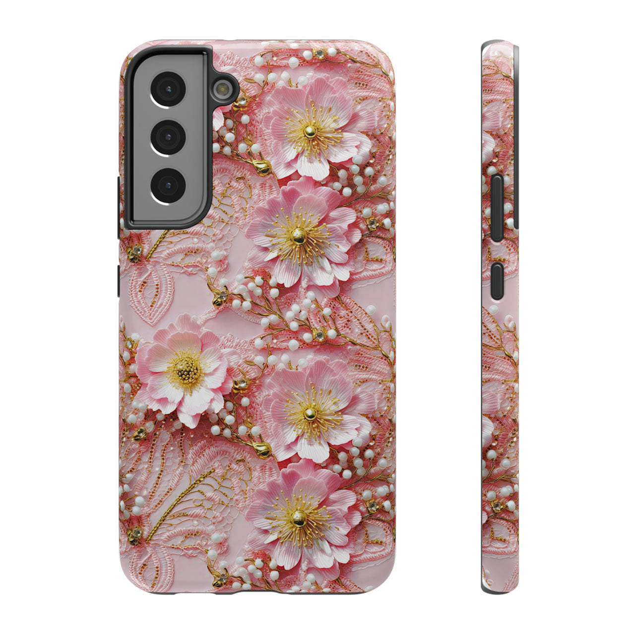 Gold-Kissed Flowers on Pink Lace - Impact-Resistant Case for Samsung Galaxy S22, Samsung Galaxy S22 Plus, and Samsung Galaxy S22 Ultra. Supports Wireless Charging.