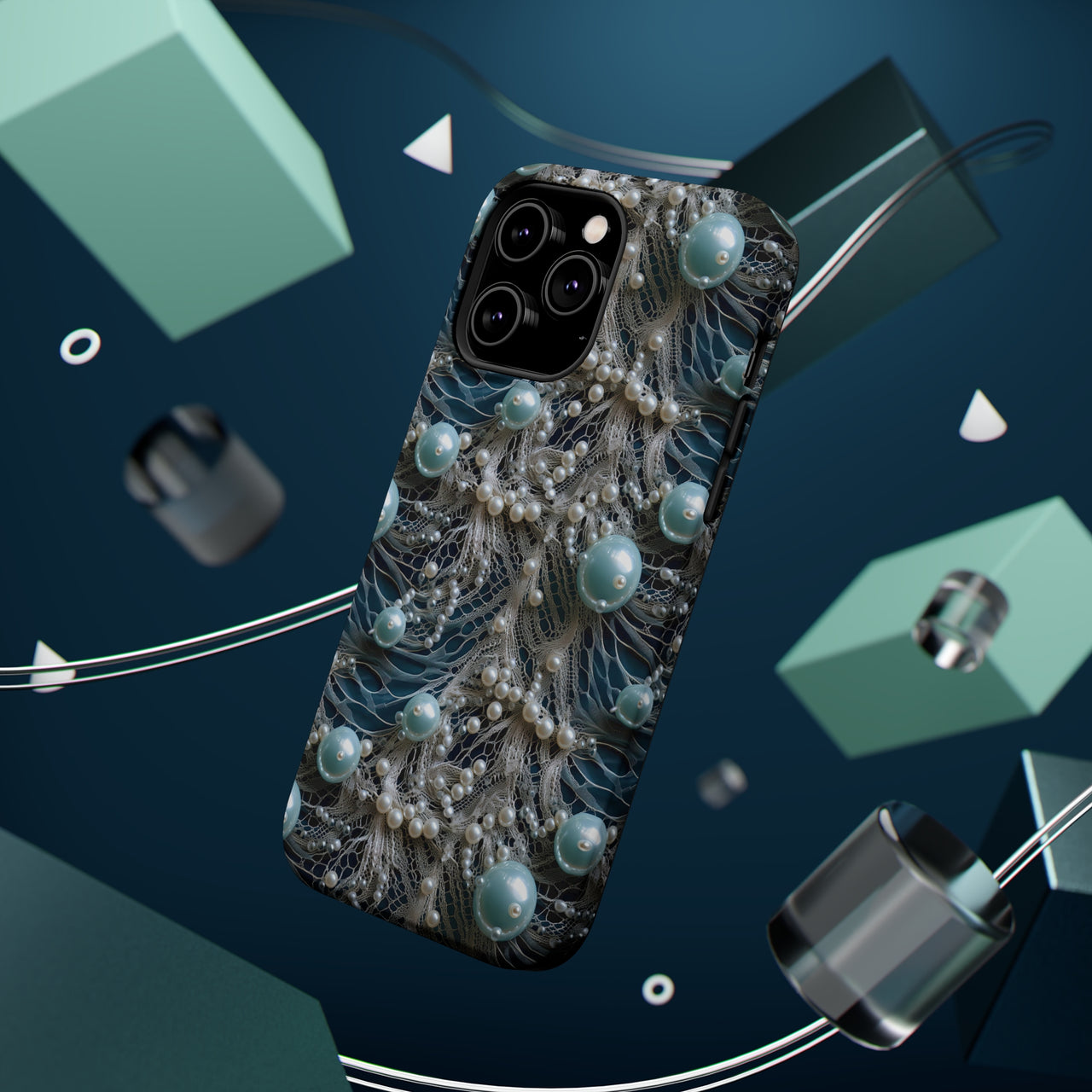 Sea Foam Lace and Pearls MagSafe Tough Cases for iPhone 14, iPhone 14 Pro, iPhone 14 Plus, and iPhone 14 Pro Max