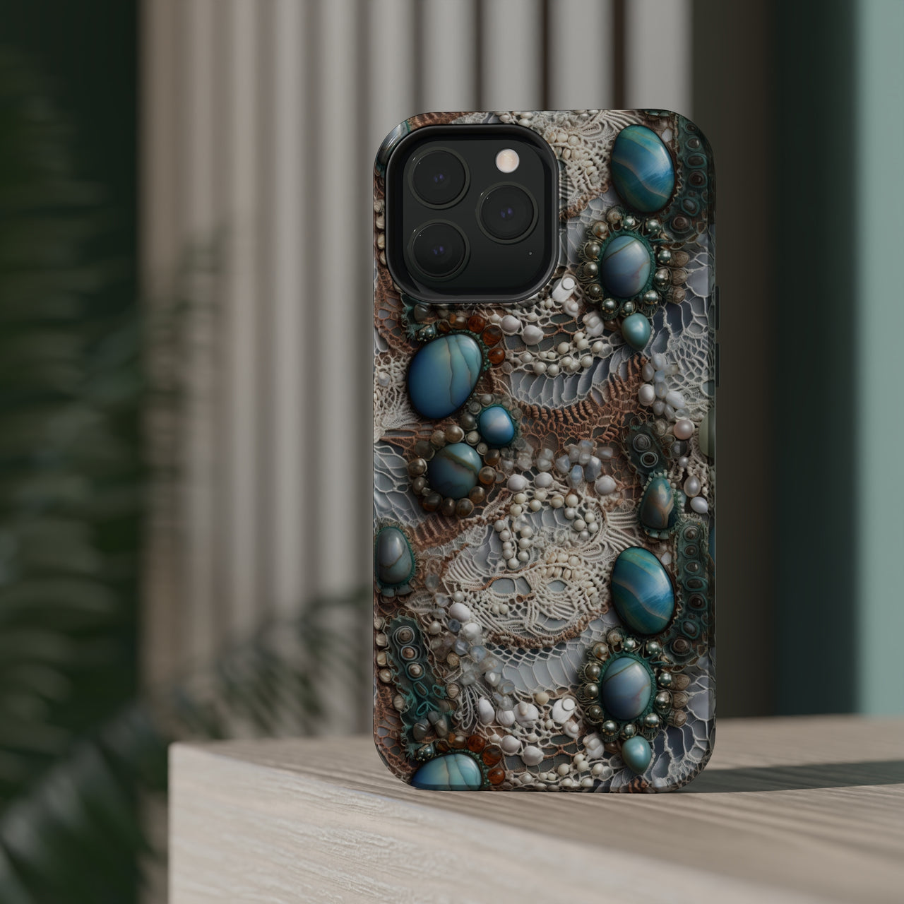 Boho Agate and Lace MagSafe Tough Cases for iPhone 13, iPhone 13 Mini, iPhone 13 Pro, and iPhone 13 Pro Max.