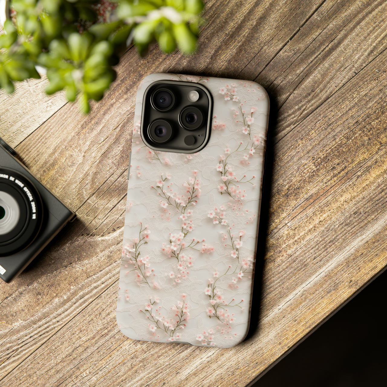 White Lace and Cherry Blossoms Tough Case for iPhone 15, iPhone 15 Pro, iPhone 15 Plus, and iPhone 15 Pro Max